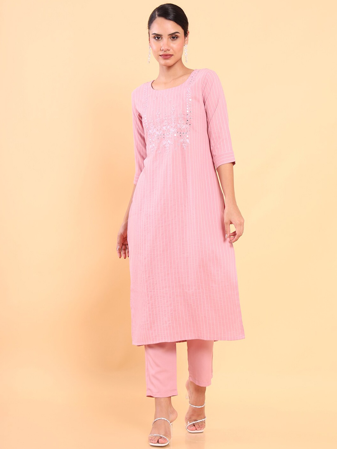 

Soch Women Pink Striped Mirror Work Kurta with Trousers