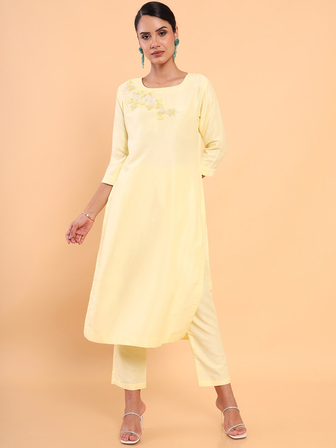 

Soch Women Yellow Floral Embroidered Beads and Stones Kurta with Trousers