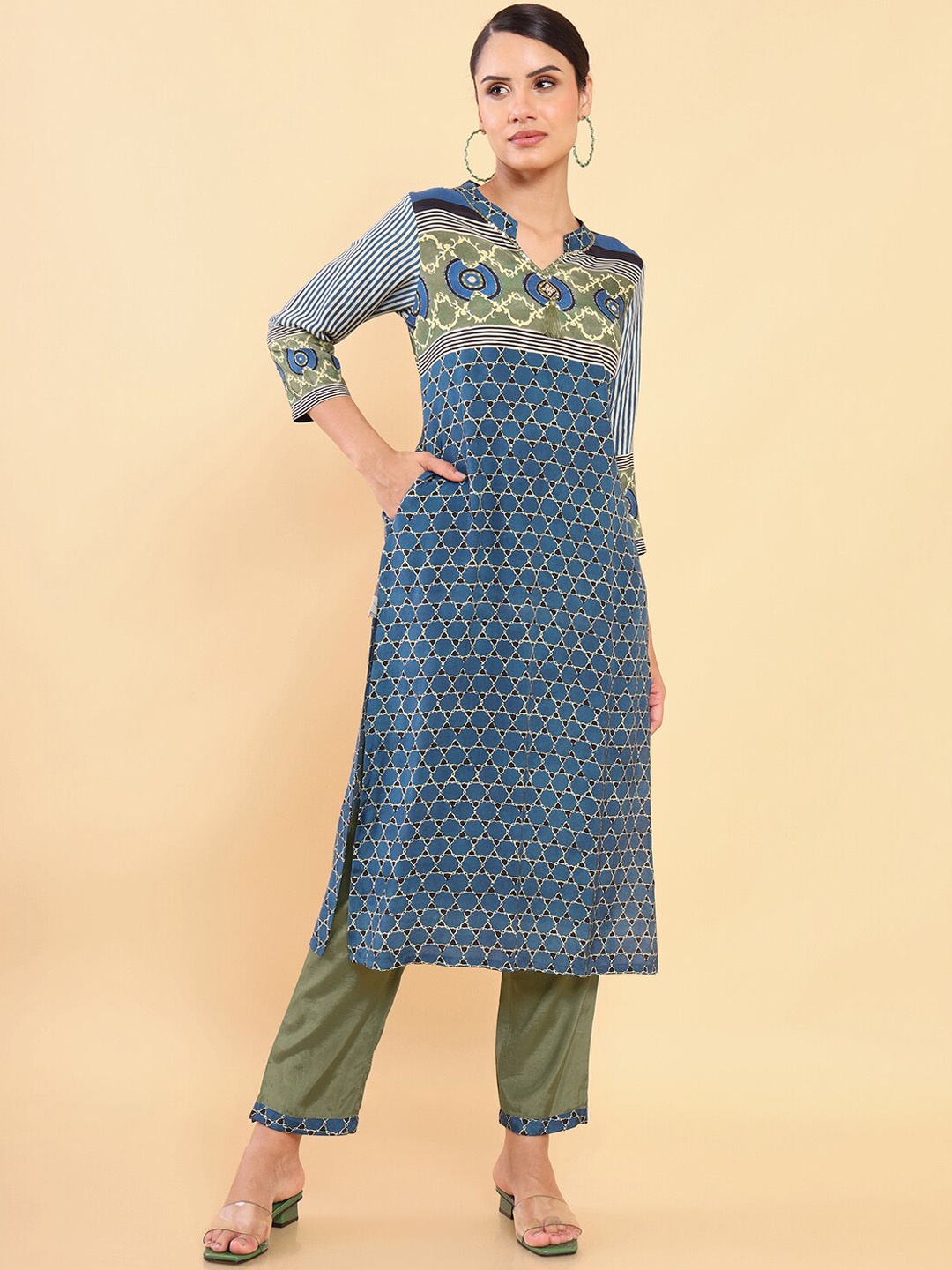 

Soch Women Turquoise Blue Printed Sequinned Kurta with Trousers
