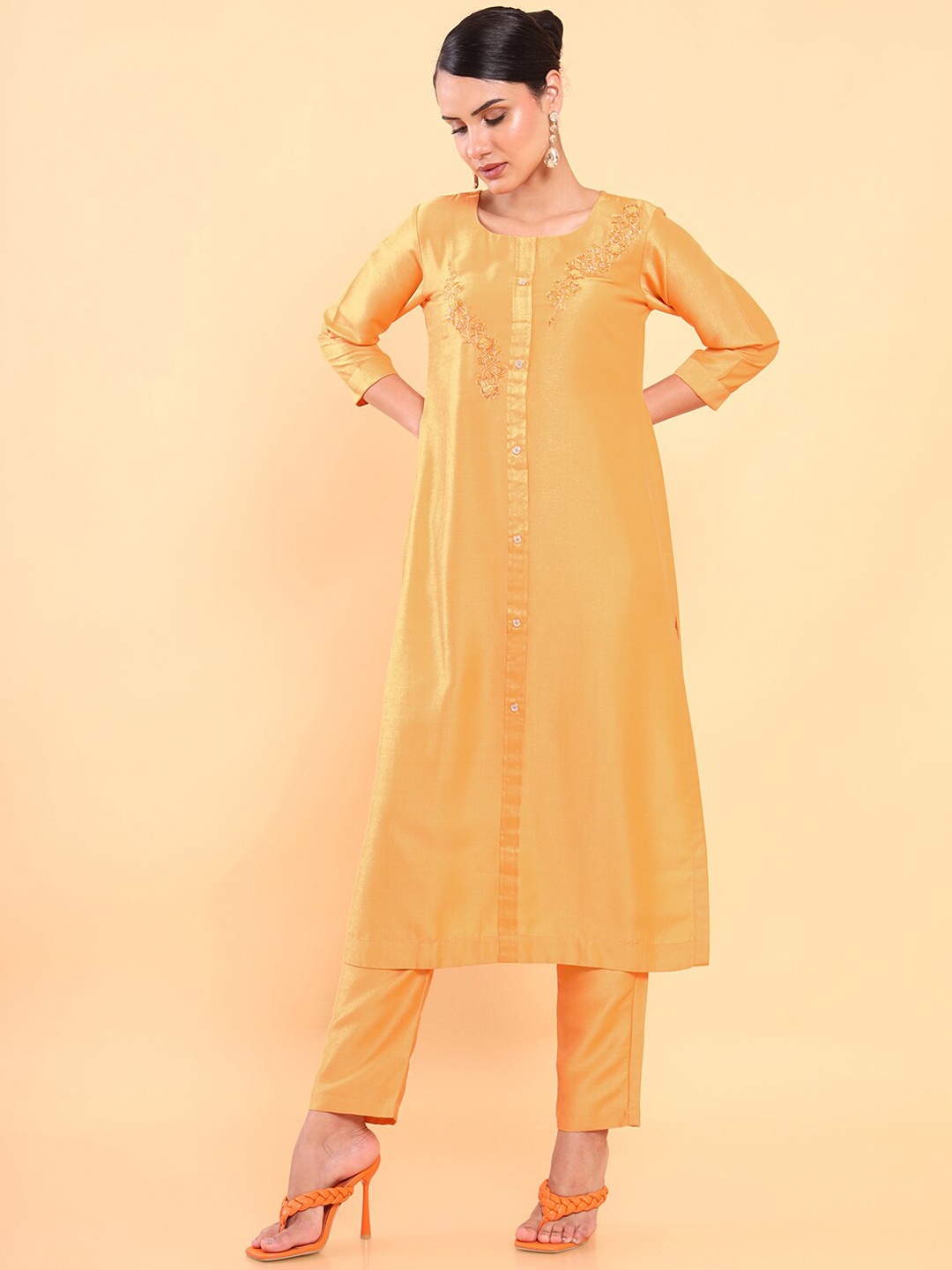 

Soch Women Mustard Yellow Floral Embroidered Thread Work Kurta with Trousers