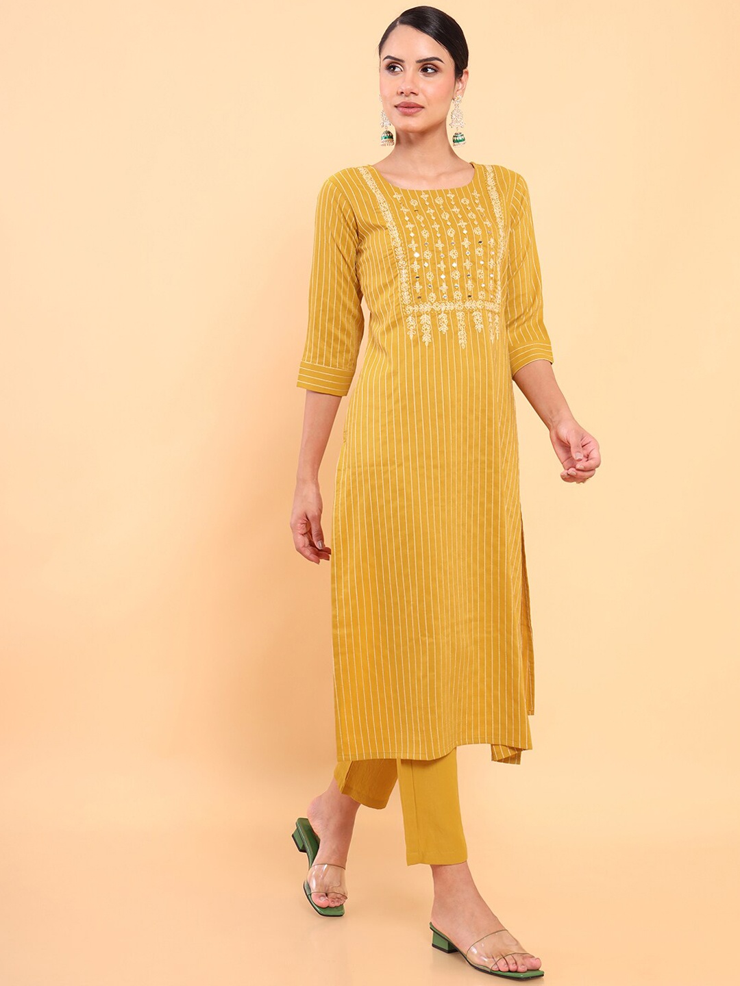 

Soch Women Mustard Yellow Striped Mirror Work Kurta with Trousers