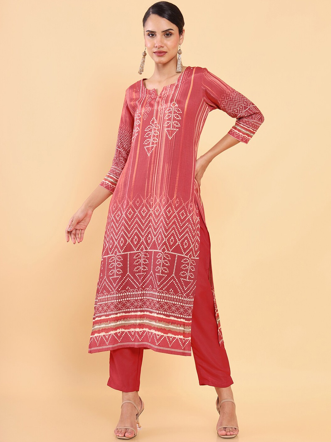 

Soch Women Rust Floral Printed Sequinned Kurta with Trousers