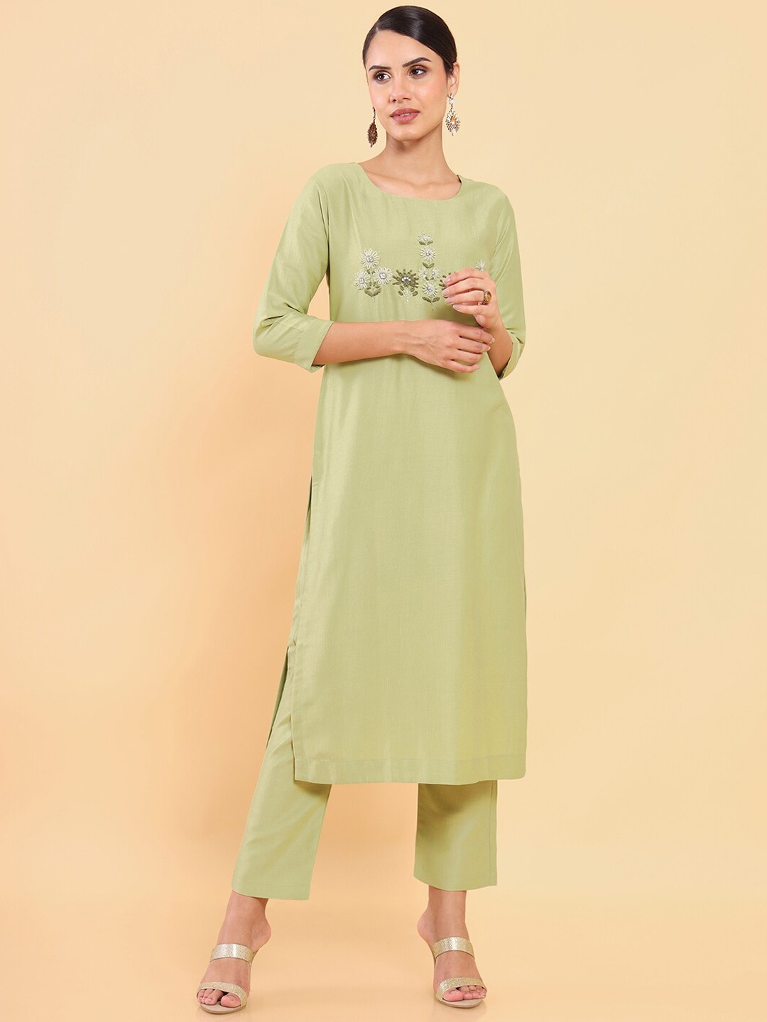 

Soch Women Green Floral Embroidered Beads and Stones Kurta with Trousers