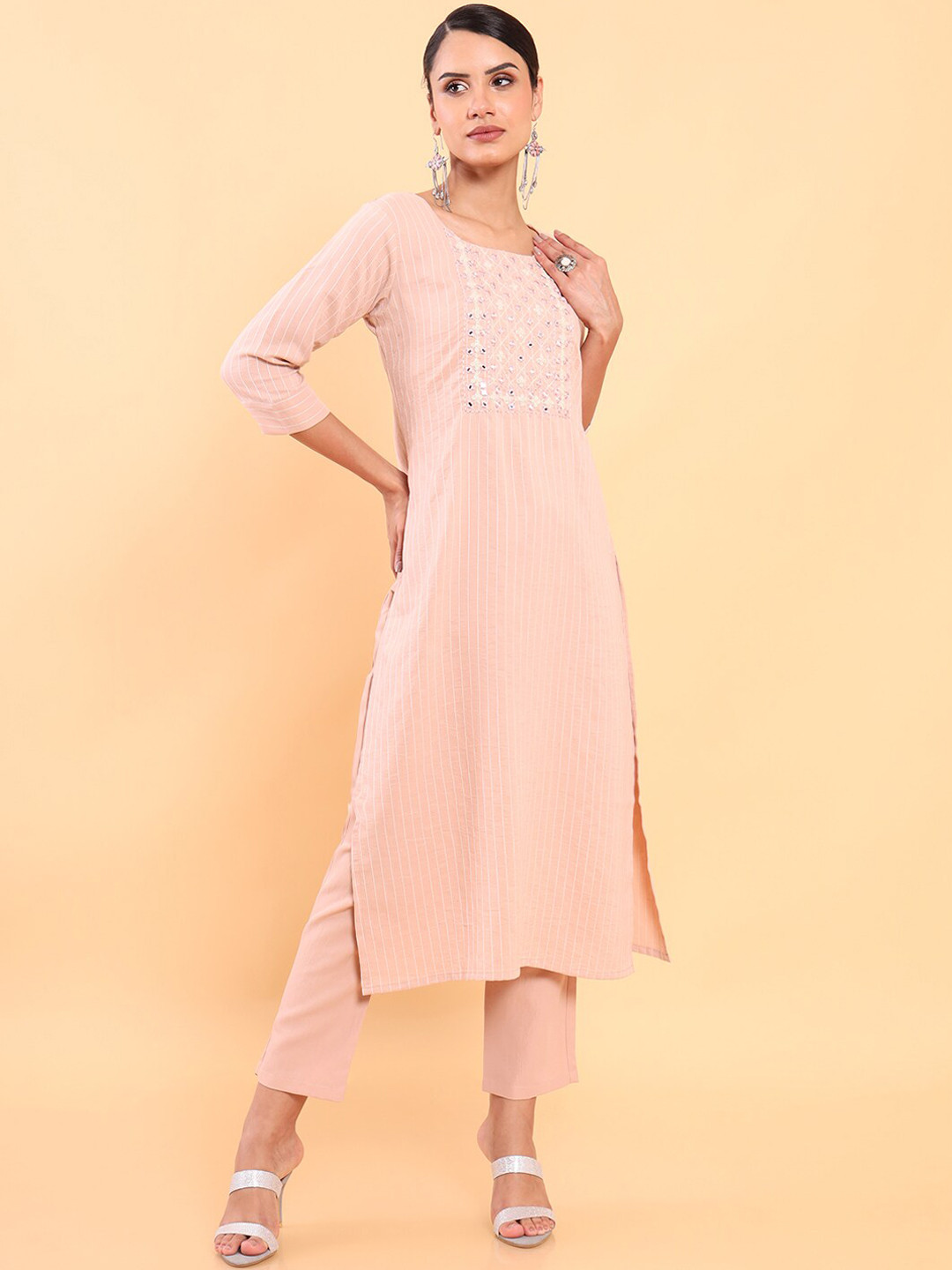 

Soch Women Peach-Coloured Embroidered Mirror Work Kurta with Trousers