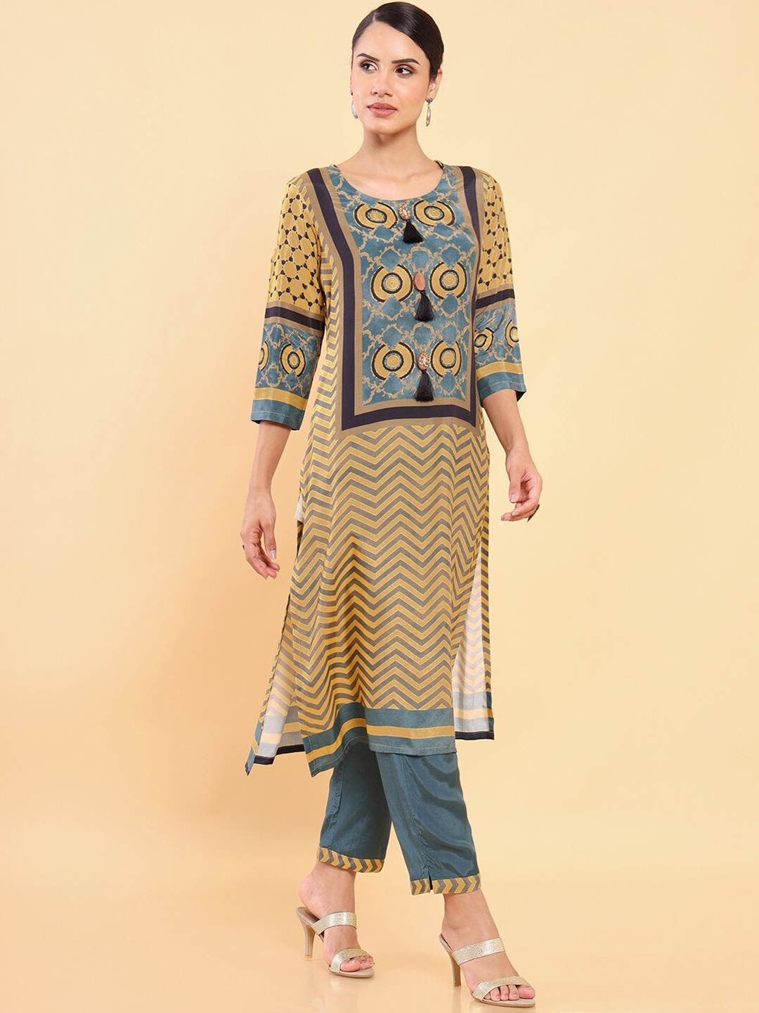 

Soch Women Mustard Yellow Printed Beads and Stones Kurta with Trousers