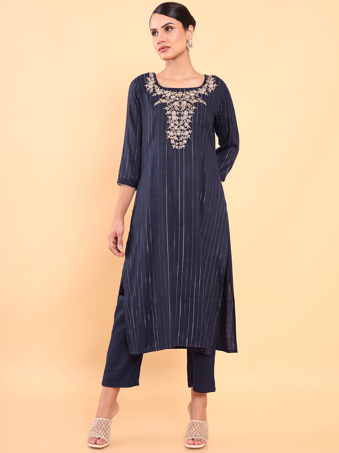 

Soch Women Navy Blue Floral Embroidered Kurta with Trousers