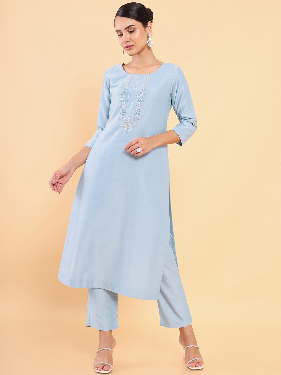 

Soch Women Blue Floral Embroidered Kurta with Trousers