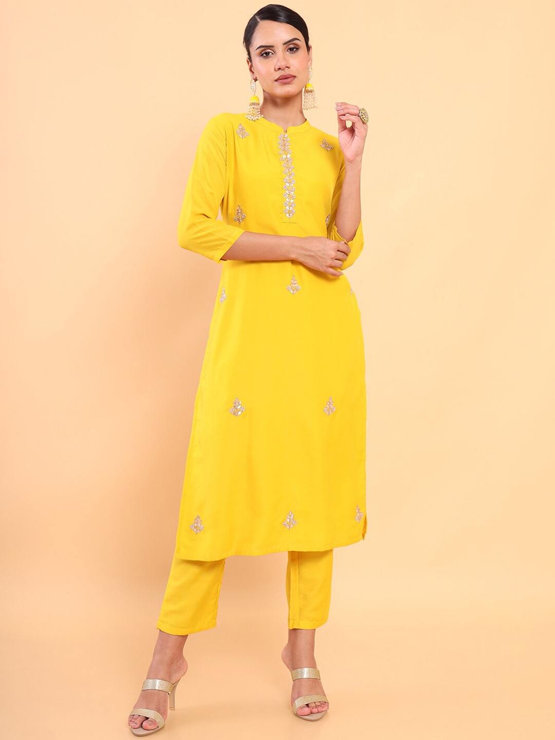 

Soch Women Mustard Yellow Beads and Stones Kurta with Trousers