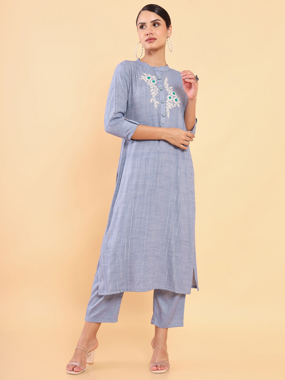 

Soch Women Blue Floral Embroidered Thread Work Kurta with Trousers
