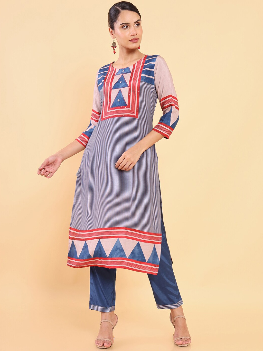 

Soch Women Blue Printed Sequinned Kurta with Trousers