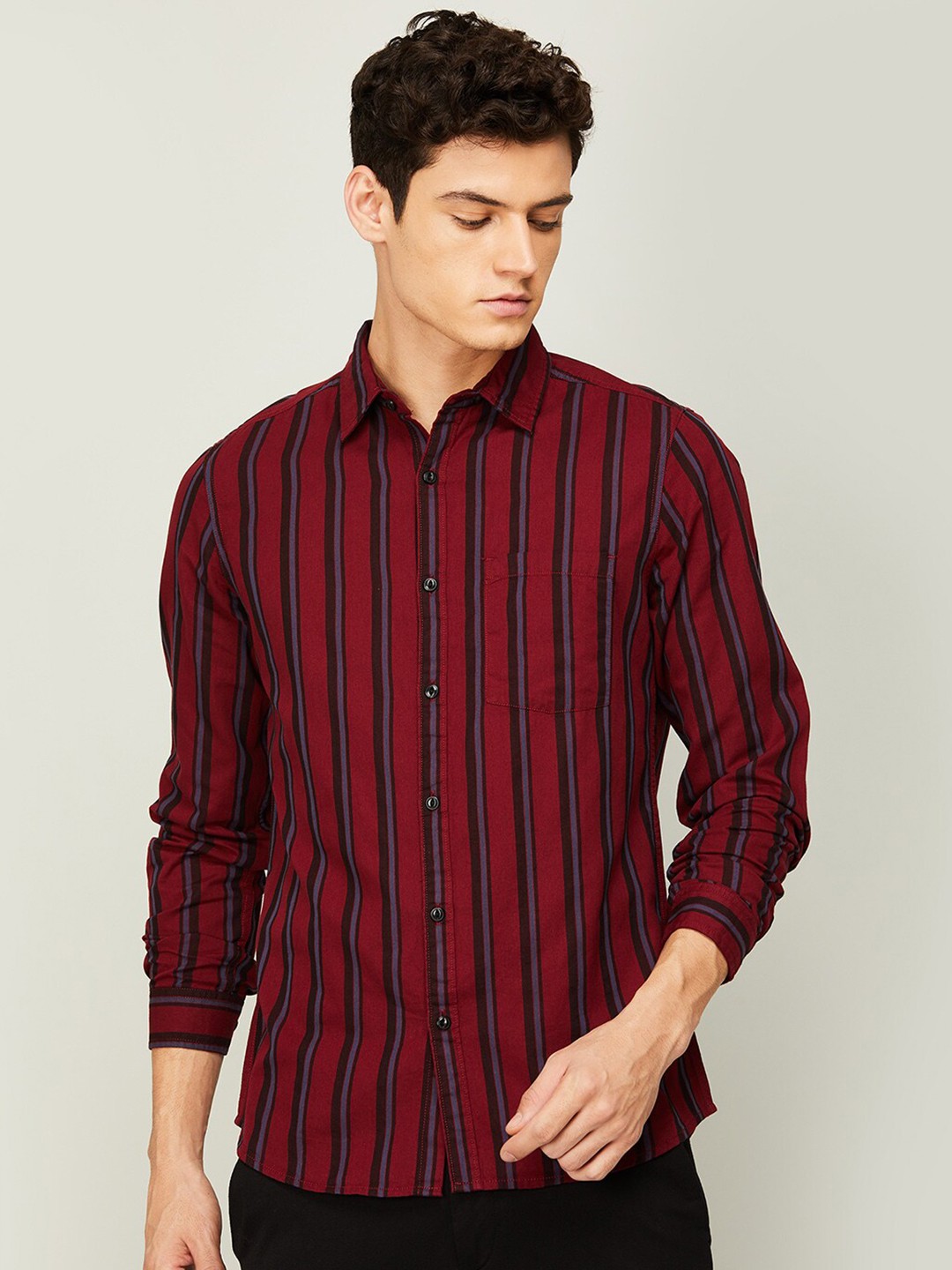 

Forca Men Red Slim Fit Striped Casual Shirt