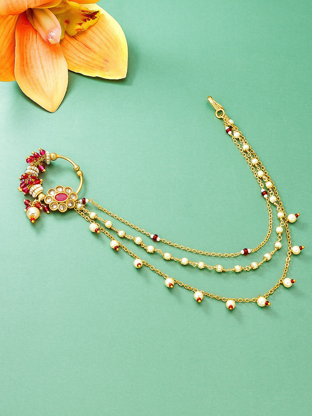 

aadita Women Gold-Plated Red & White Pearl & AD-Studded & Beaded Enameled Nosepin With Chain