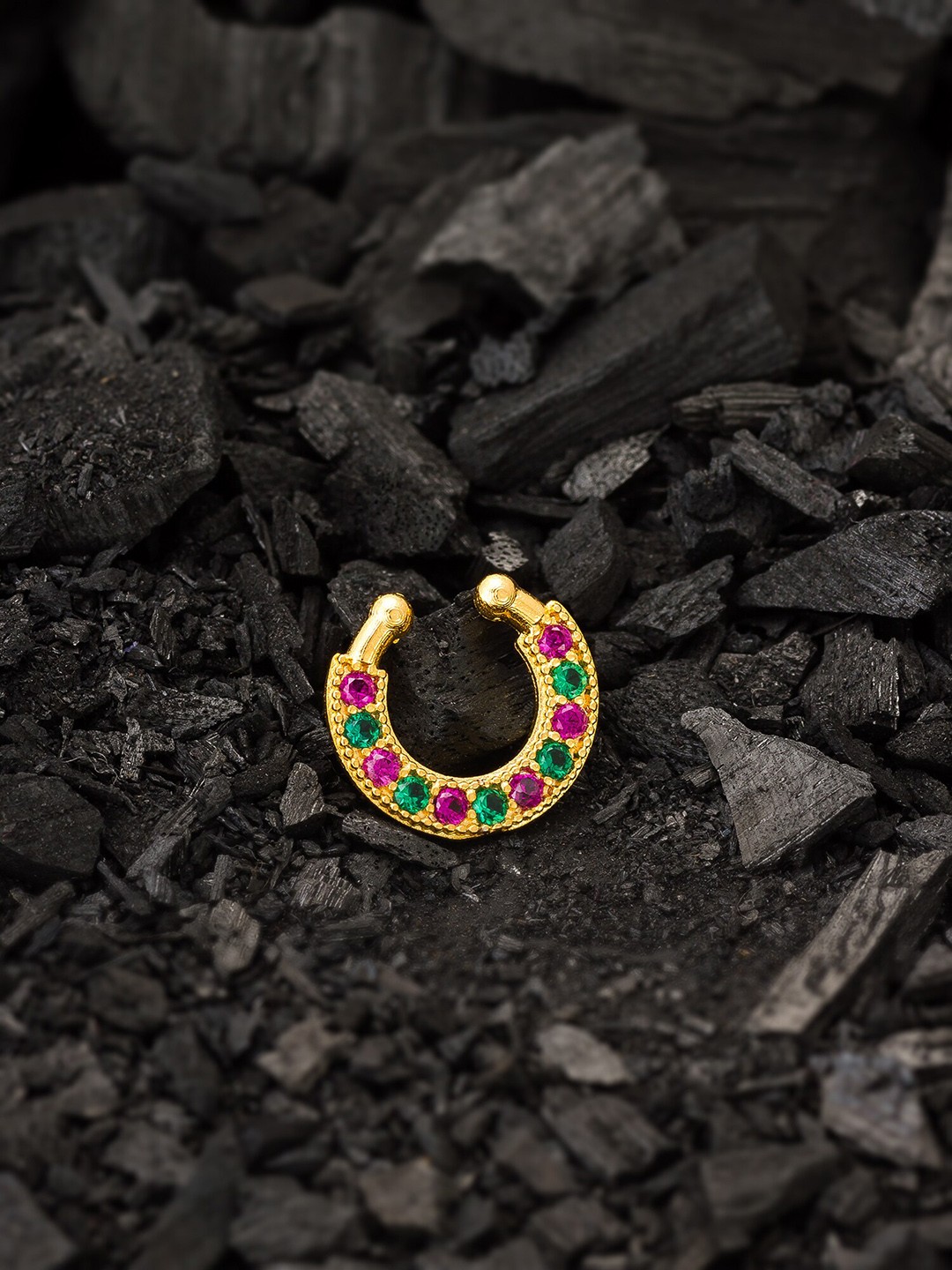 

aadita Gold-Plated Pink & Green AD Studded Nosepin