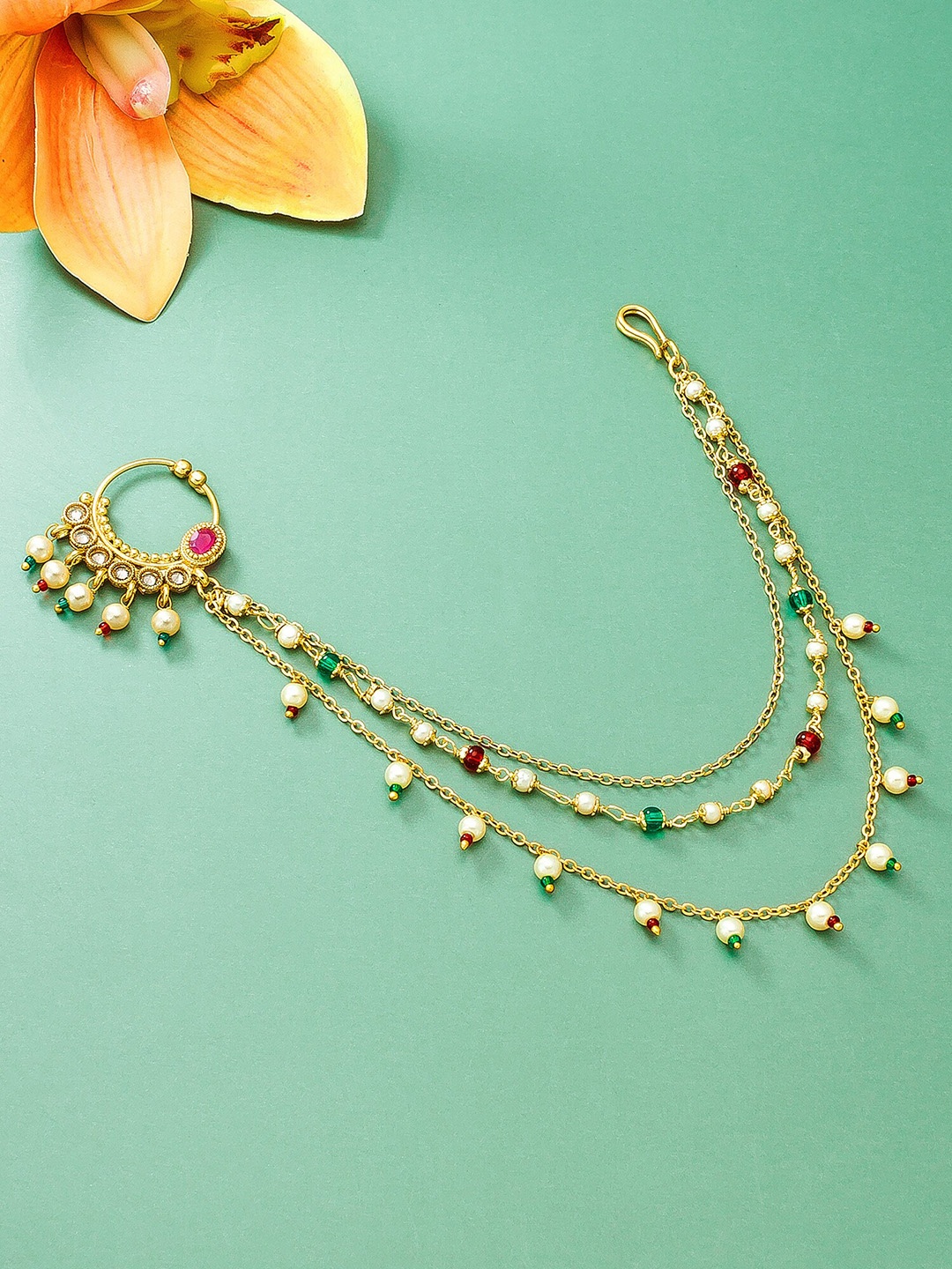 

aadita Gold-Plated & Toned Artificial Stones and Beads Chained Nosepin