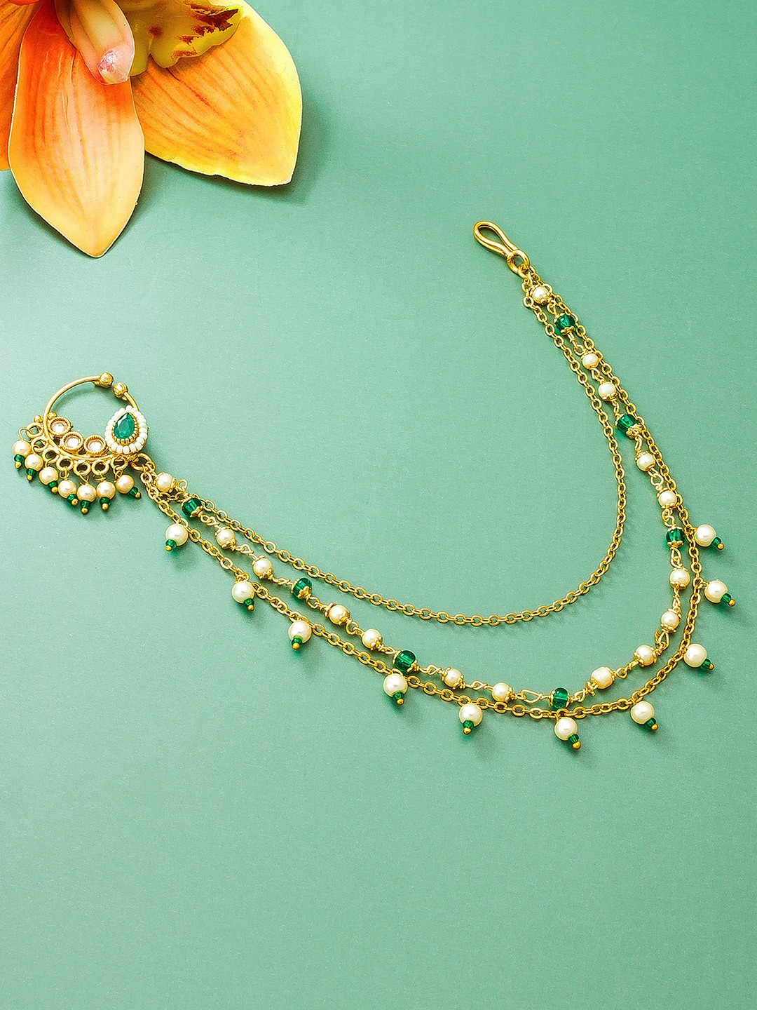 

aadita Gold-Toned White & Green Stone Studded & Beaded Nosepin With Chain