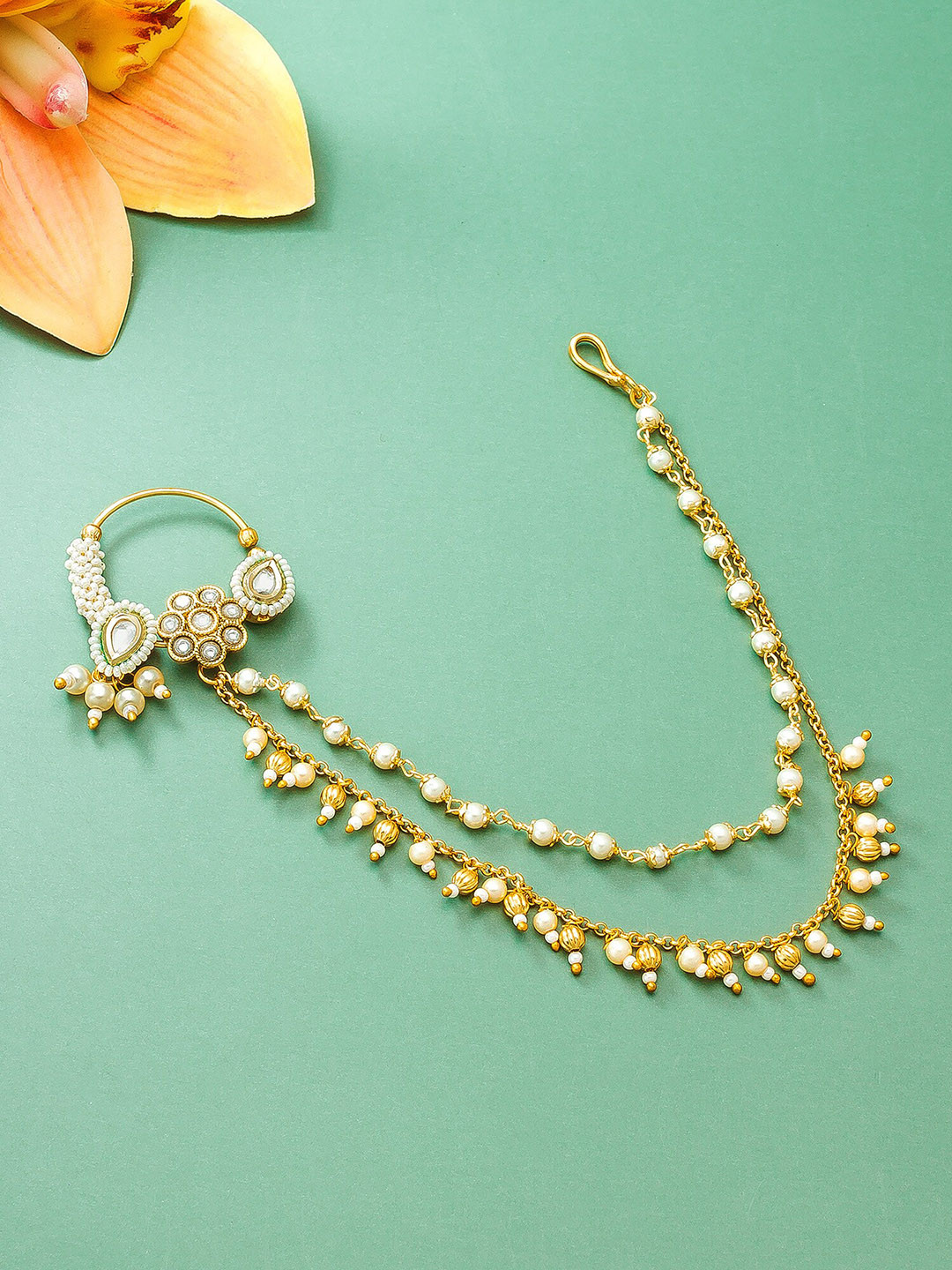 

aadita Women Gold-Plated White AD-Studded & Beaded Nosepin With Chain