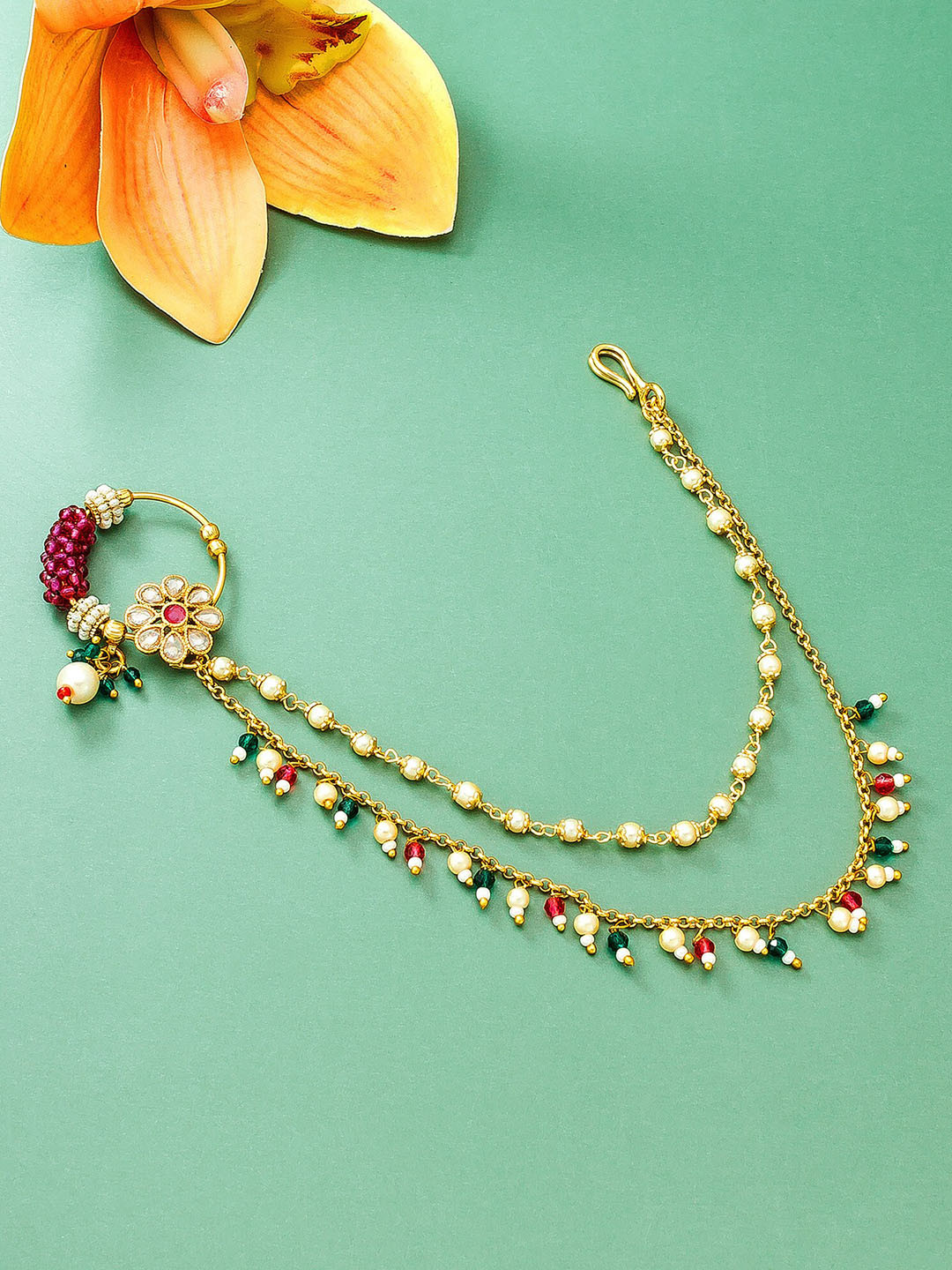 

aadita Gold-Plated & Toned Artificial Stones and Beads Chained Nosepin