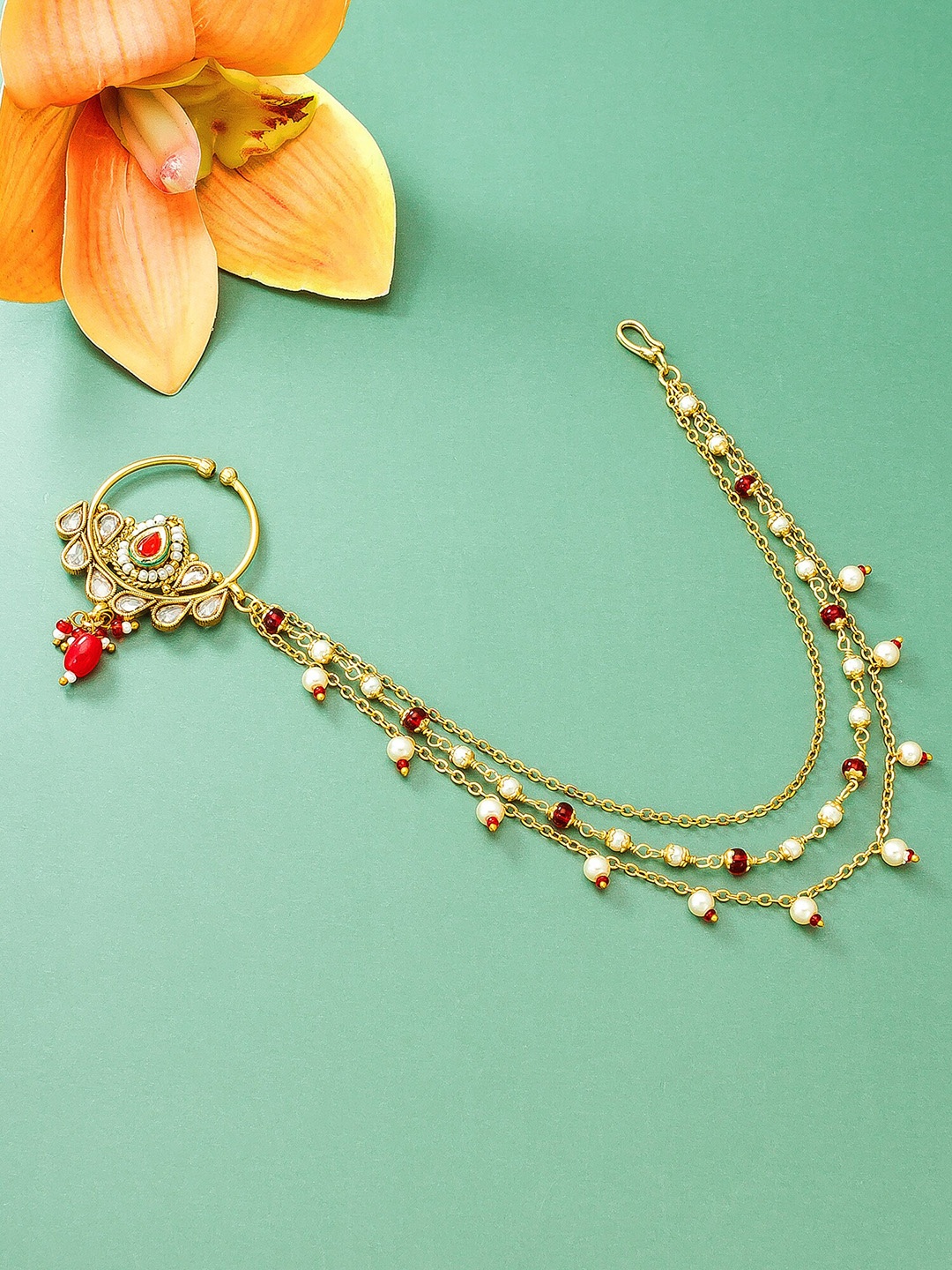 

aadita Gold-Toned & White Stones-Studded & Pearl Beaded Nathani Nosepin