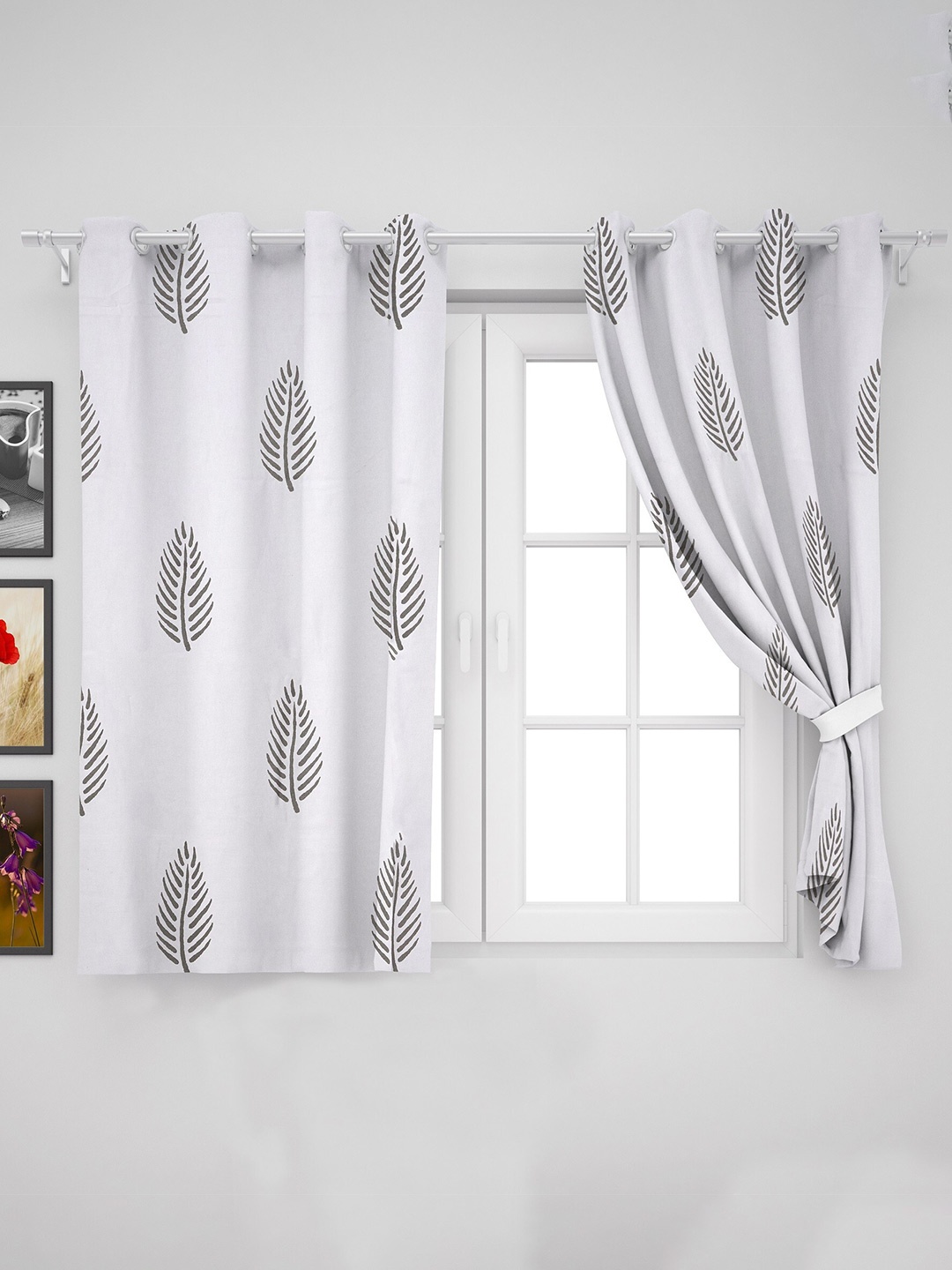 

HOMEMONDE Set of 2 cotton Floral Window Curtain, Grey