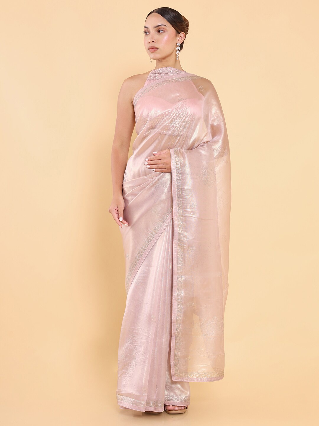 

Soch Pink Embellished Beads and Stones Organza Saree