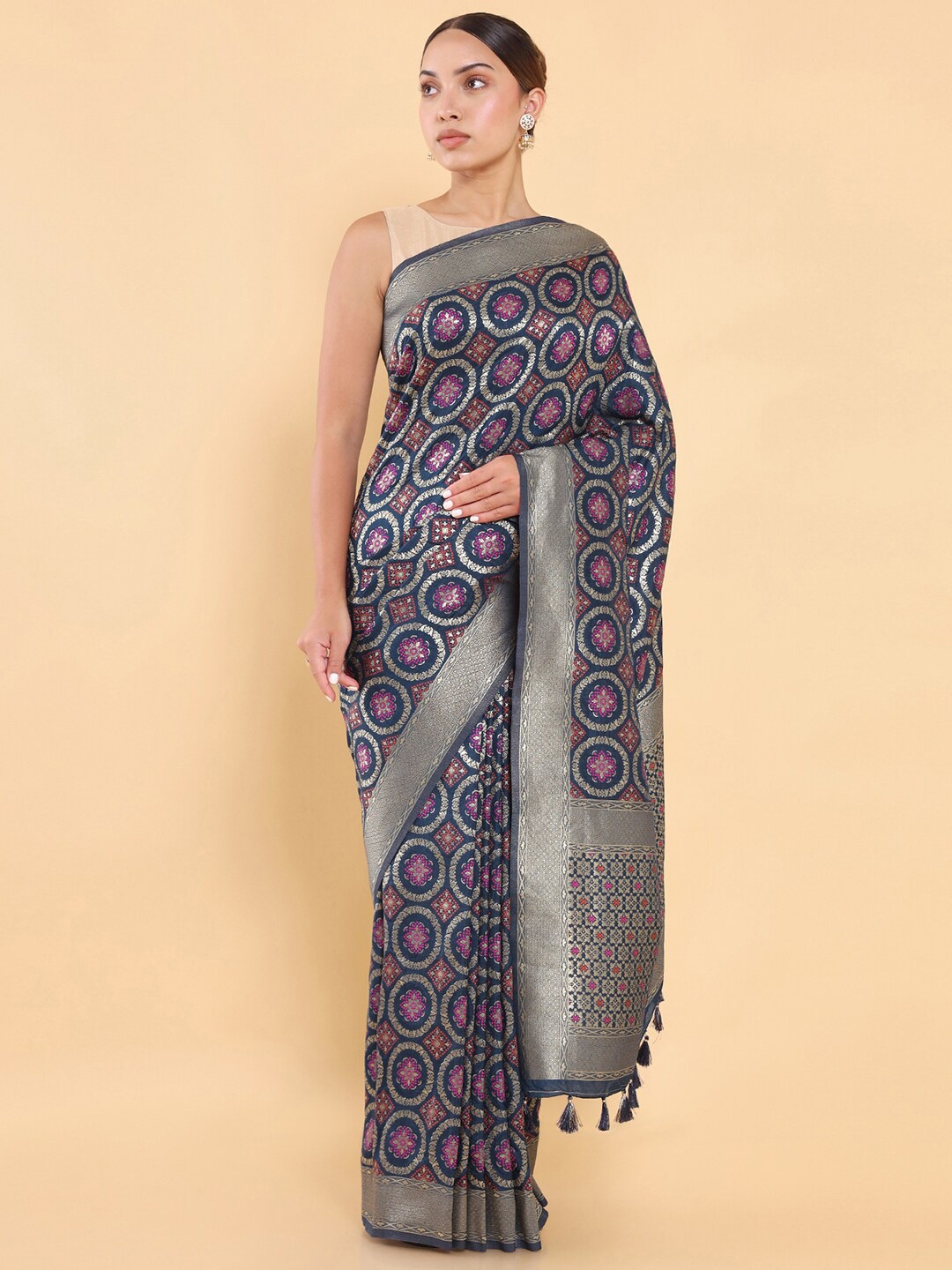 

Soch Navy Blue & Gold-Toned Woven Design Saree