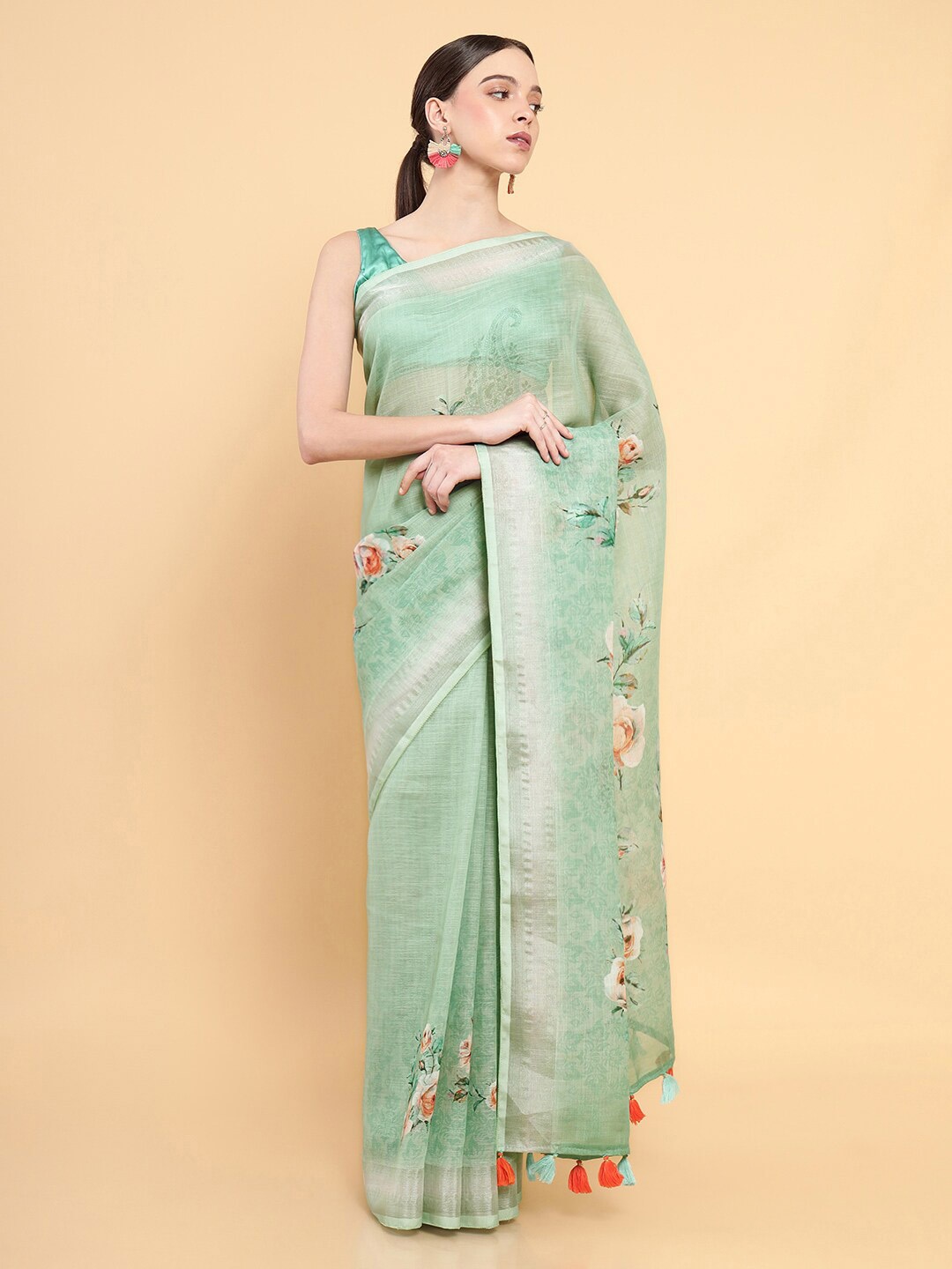 

Soch Green & Red Floral Printed Zari Saree