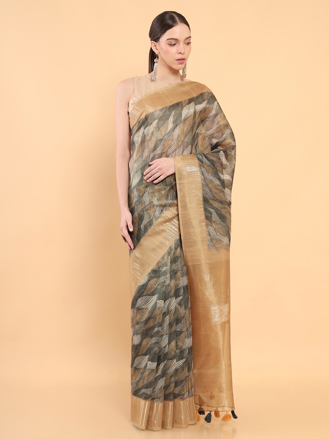 

Soch Grey & Brown Floral Zari Organza Saree