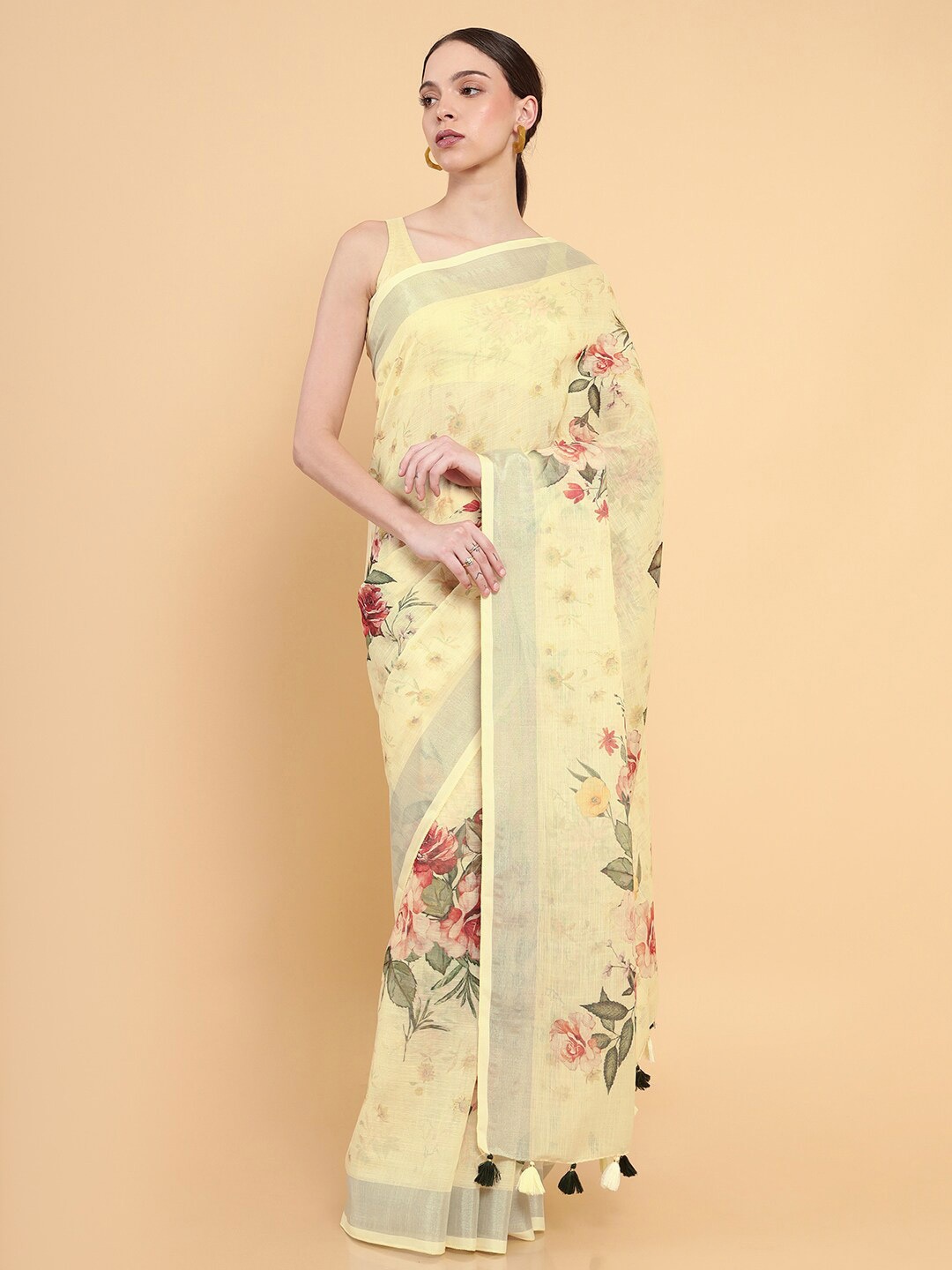 

Soch Yellow Floral Printed cotton Saree