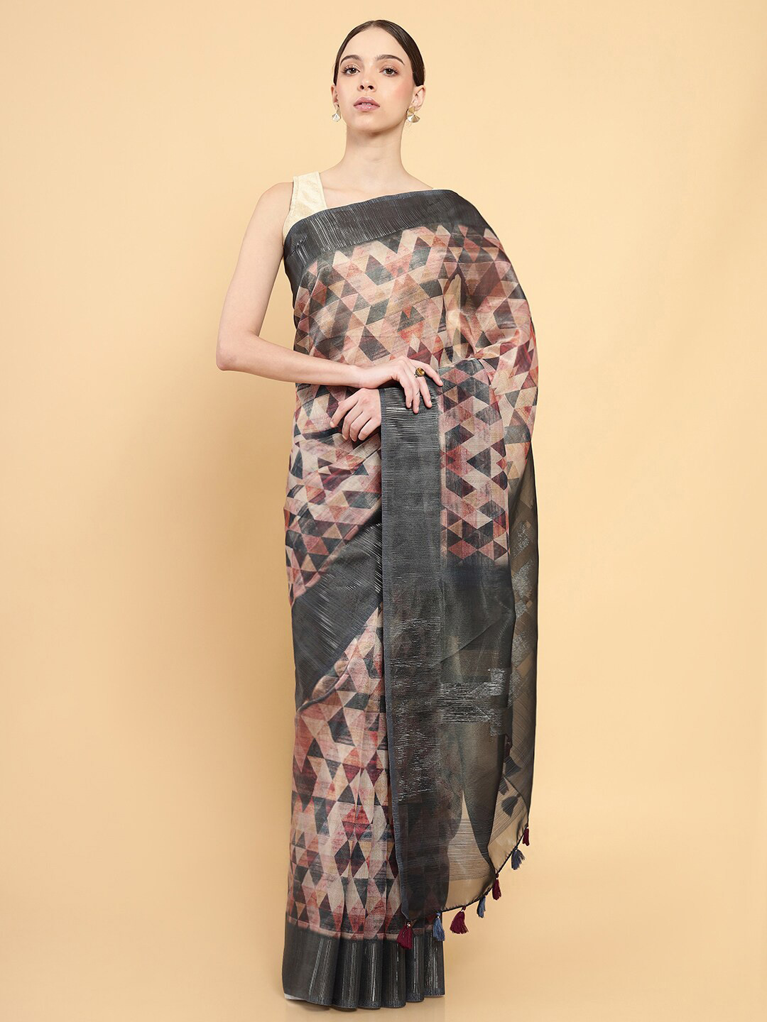

Soch Beige & Black Organza Printed Saree