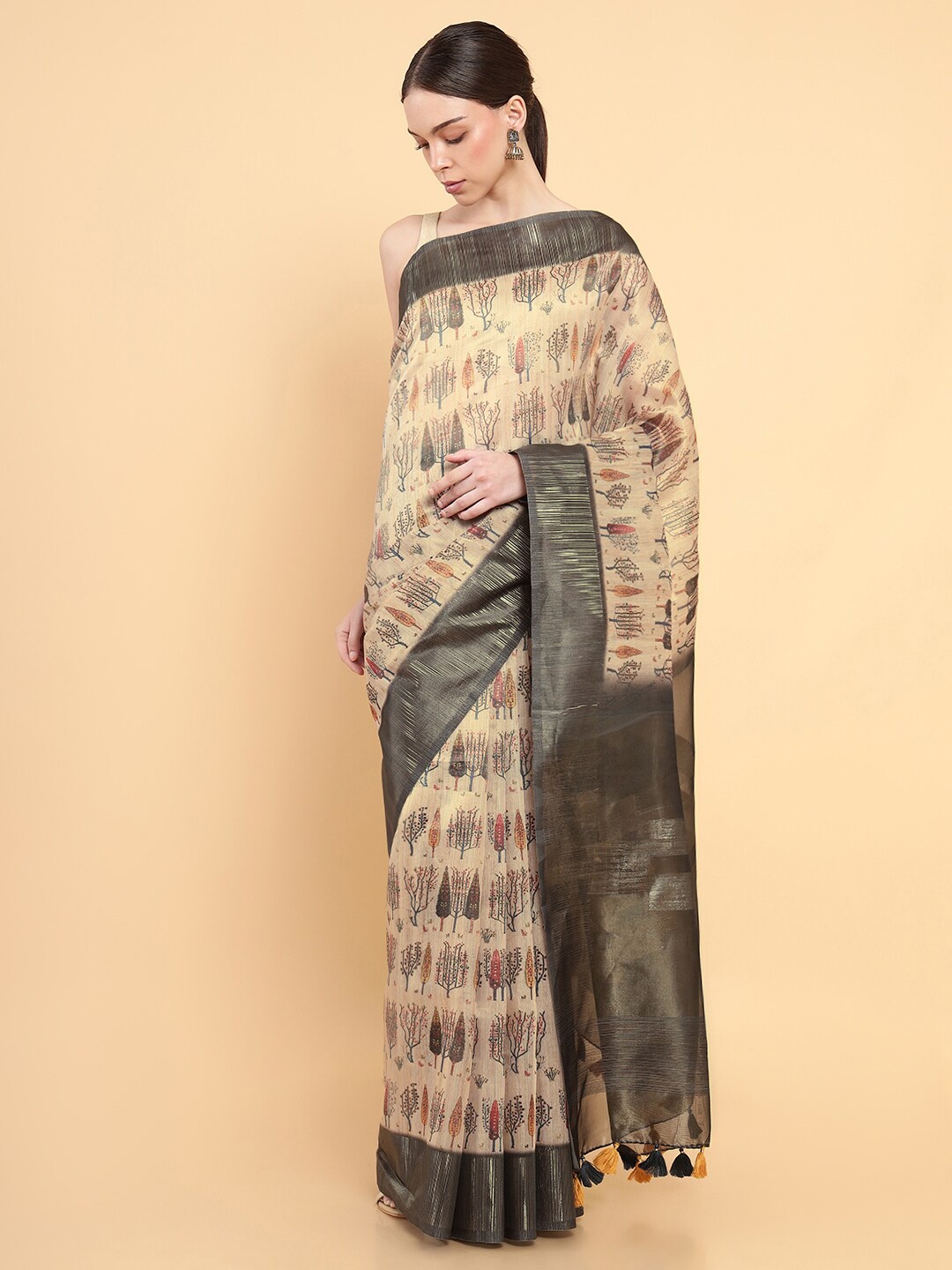 

Soch Beige & Black Ethnic Motifs Zari Organza Saree