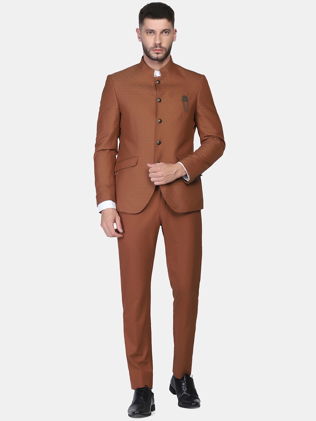 

Blackberrys Men Coffee Brown Self Design Bandhgala Slim-Fit 2-Piece Formal Suit