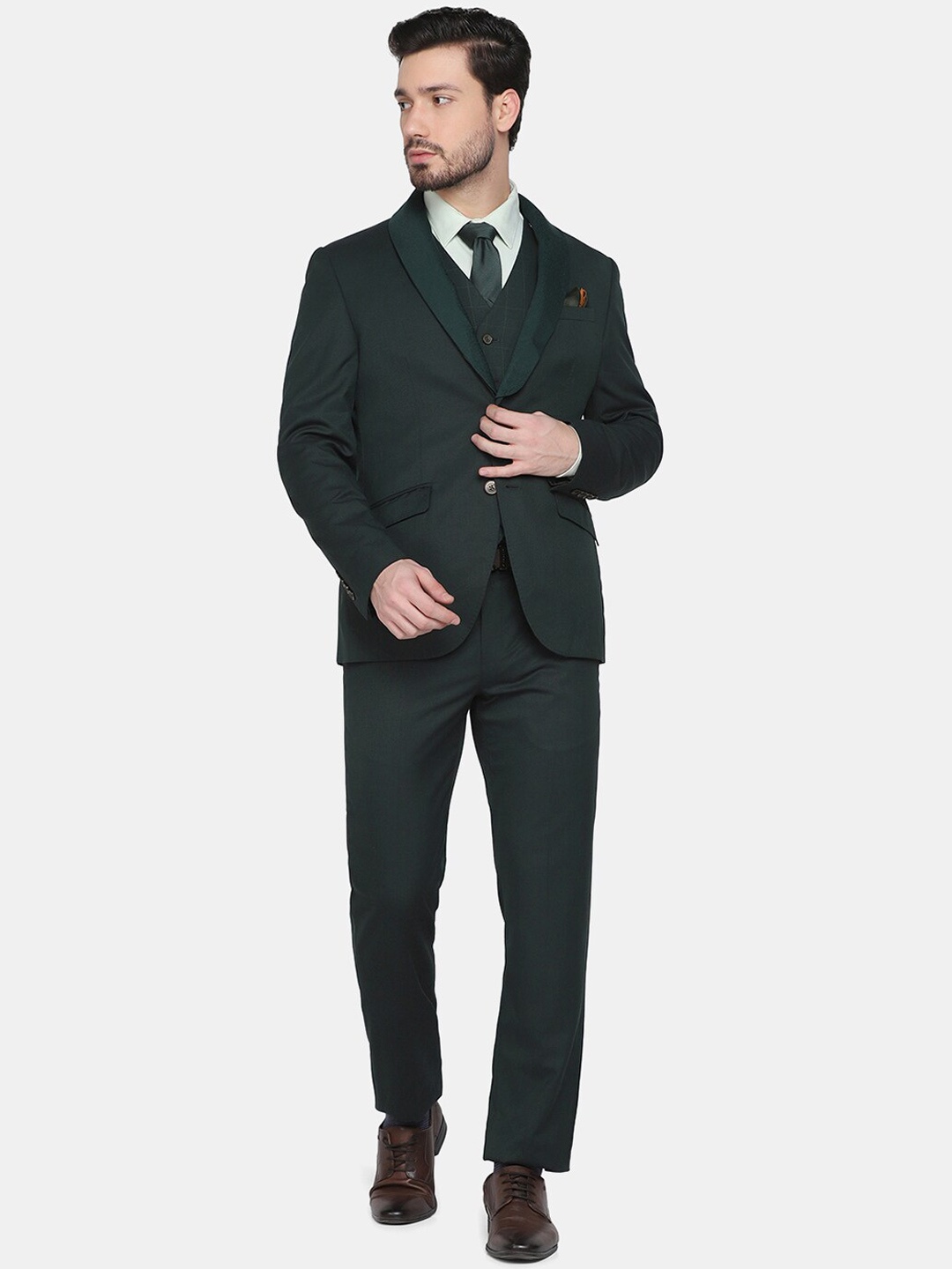 

Blackberrys Men Olive-Green Self-Design Slim-Fit Single-Breasted Formal Suit