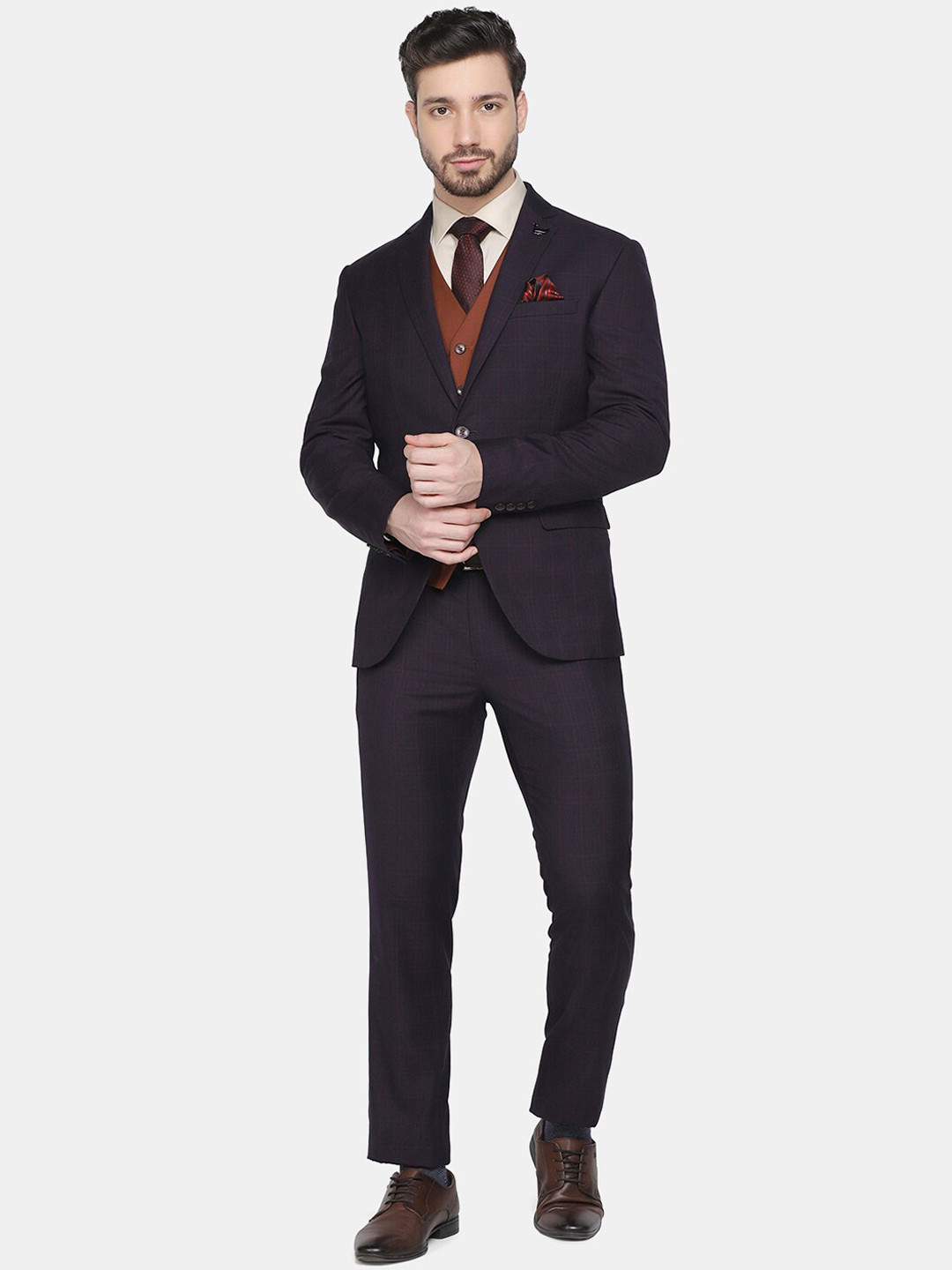

Blackberrys Men Red & Blue Self Design Single-Breasted Slim-Fit Three-Piece Formal Suit