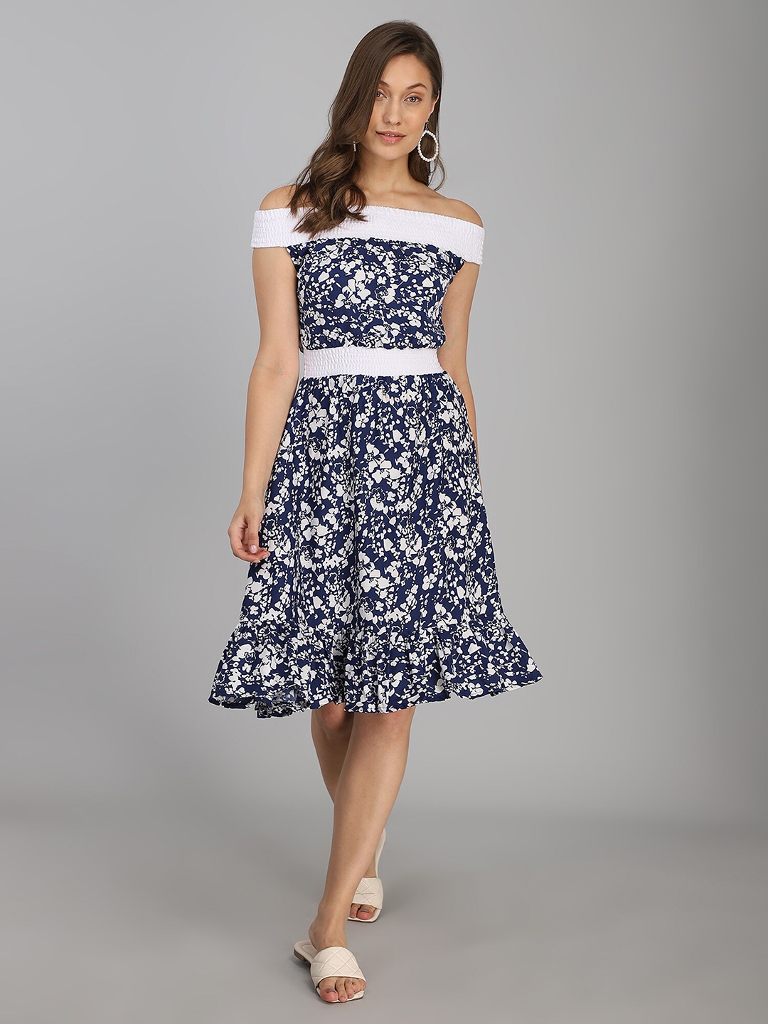 

B4ME COM Blue Floral Off-Shoulder Dress