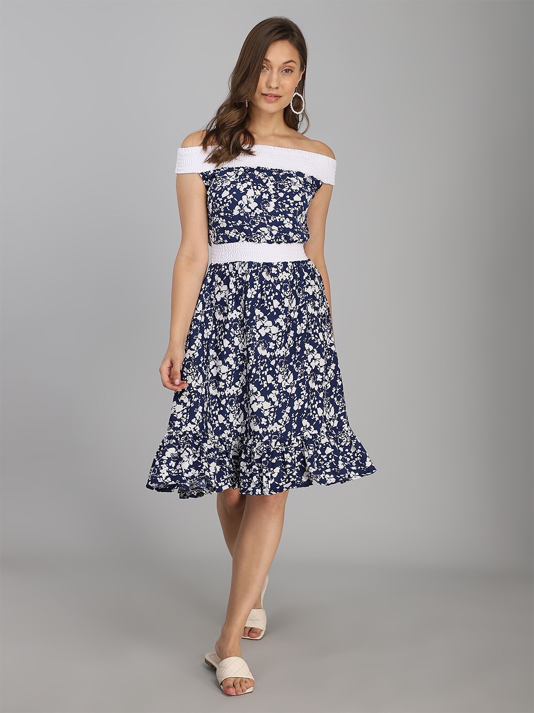 

B4ME COM Blue Floral Off-Shoulder Dress