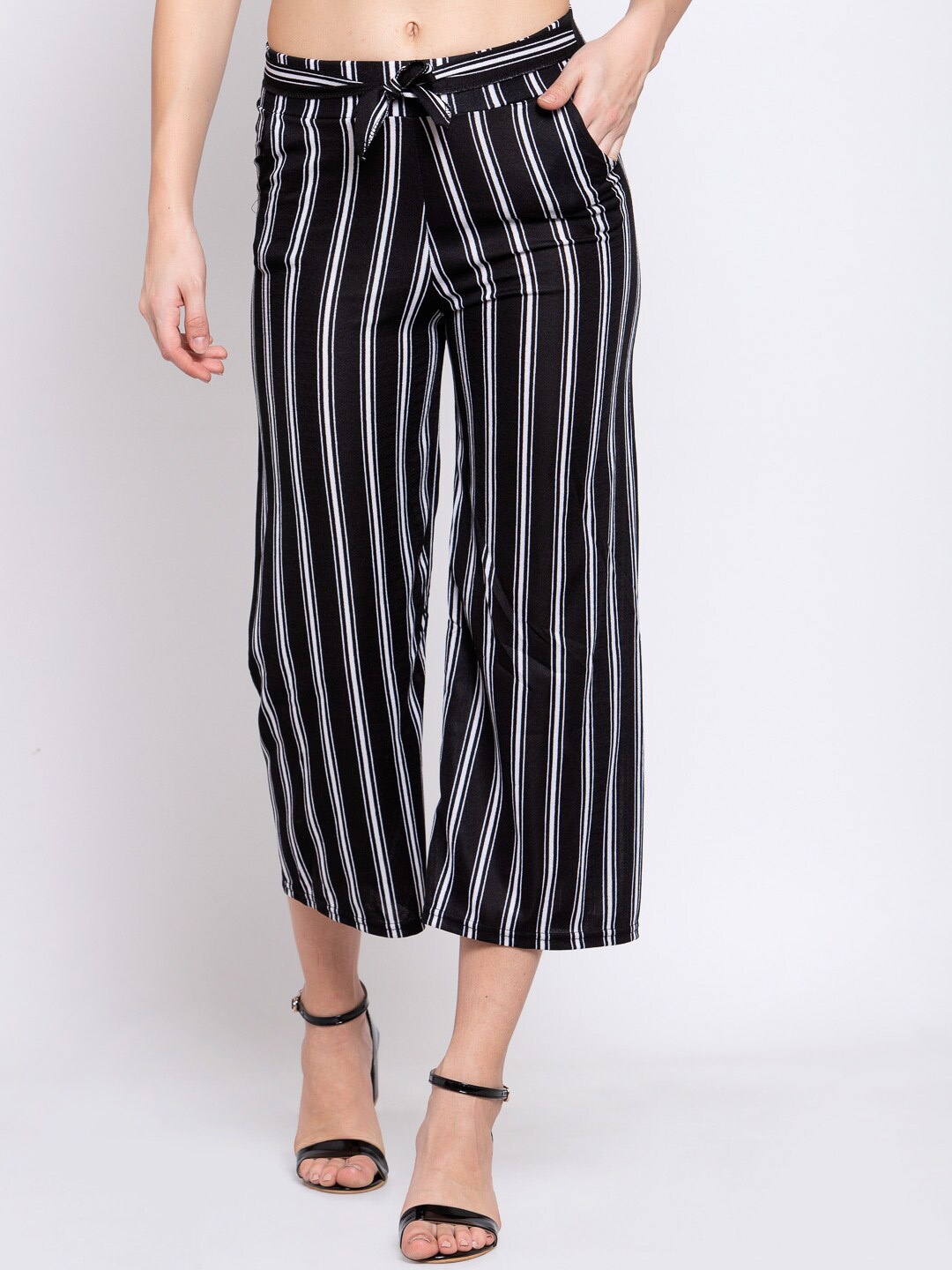

KLOTTHE Women Black & White Striped Wide Leg Cropped Palazzo