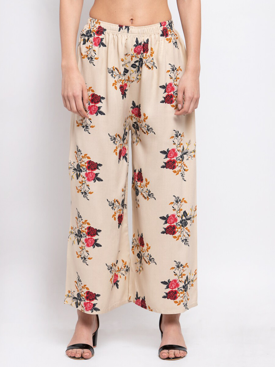 

KLOTTHE Women Beige & Red Floral Printed Wide Leg Palazzo
