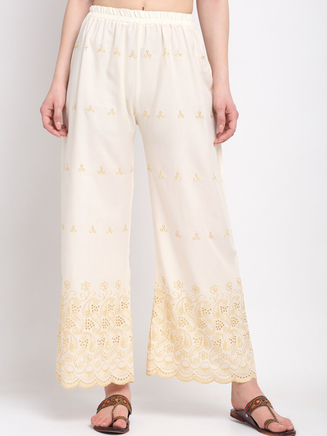 

KLOTTHE Women Off White & Gold Embroidered Wide Leg Palazzos
