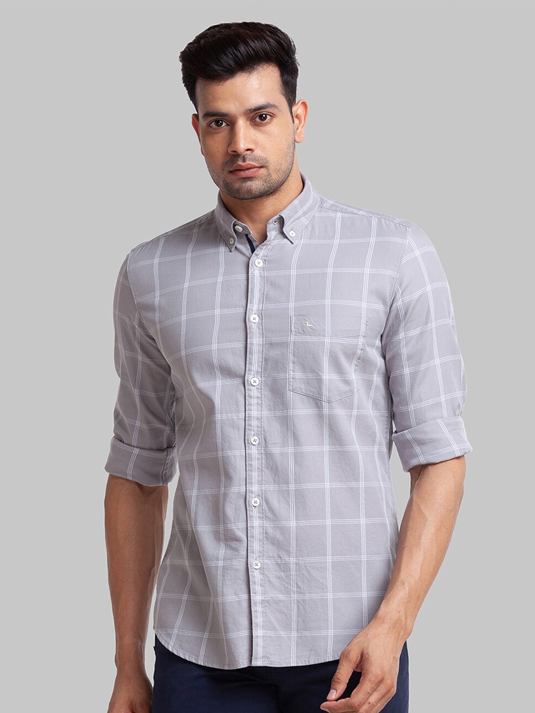 

Parx Men Grey Slim Fit Windowpane Checks Checked Casual Shirt