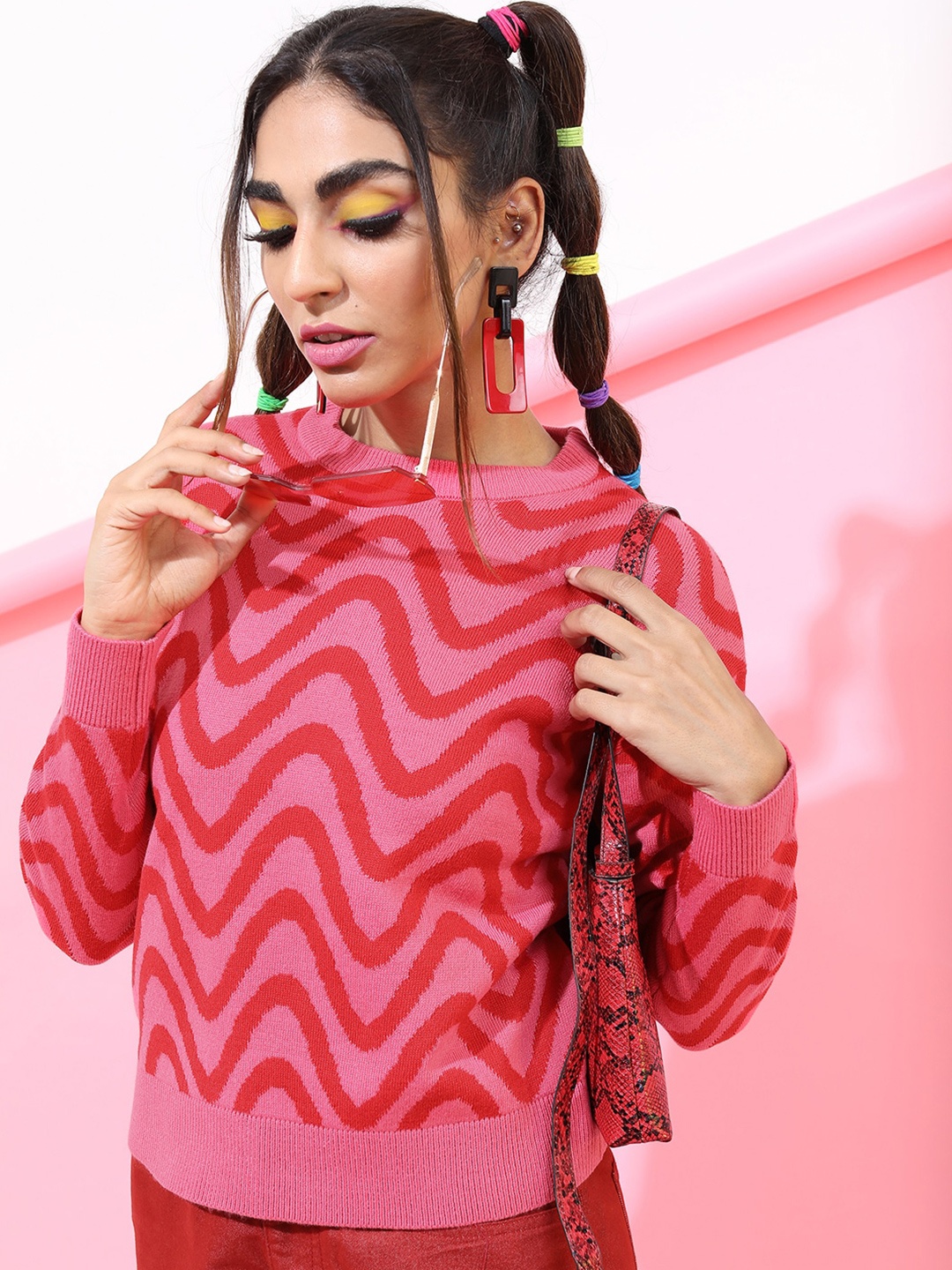 

Tokyo Talkies Women Jacquard Pullover Sweater, Pink