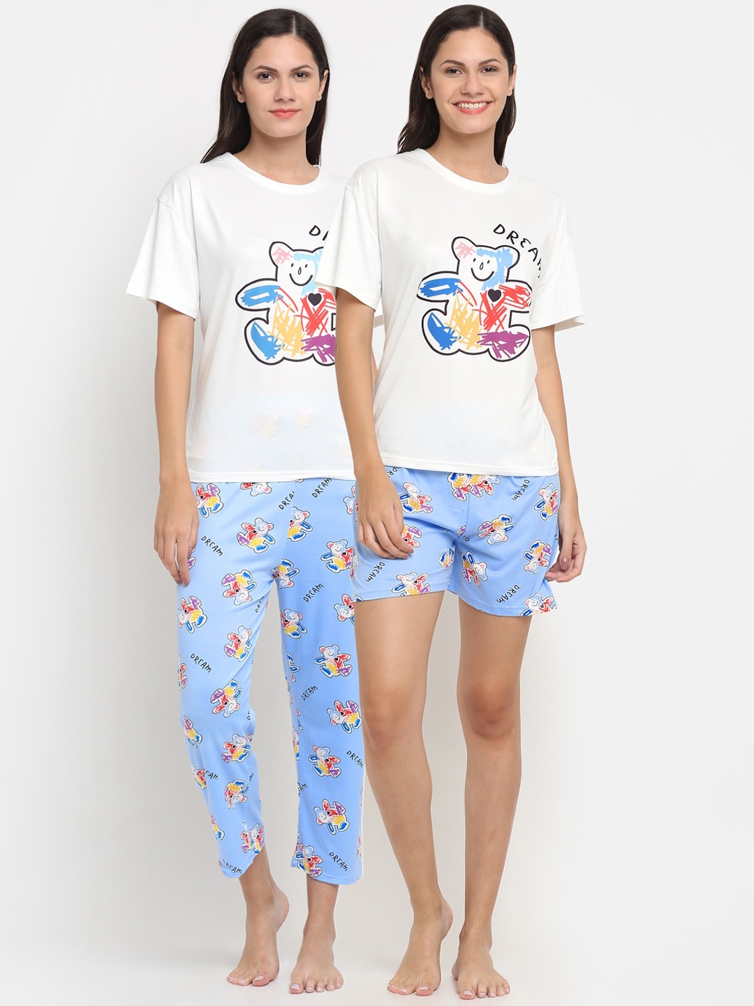 

KLOTTHE 3 Piece Women White & Blue Cartoon Characters Printed Night suit