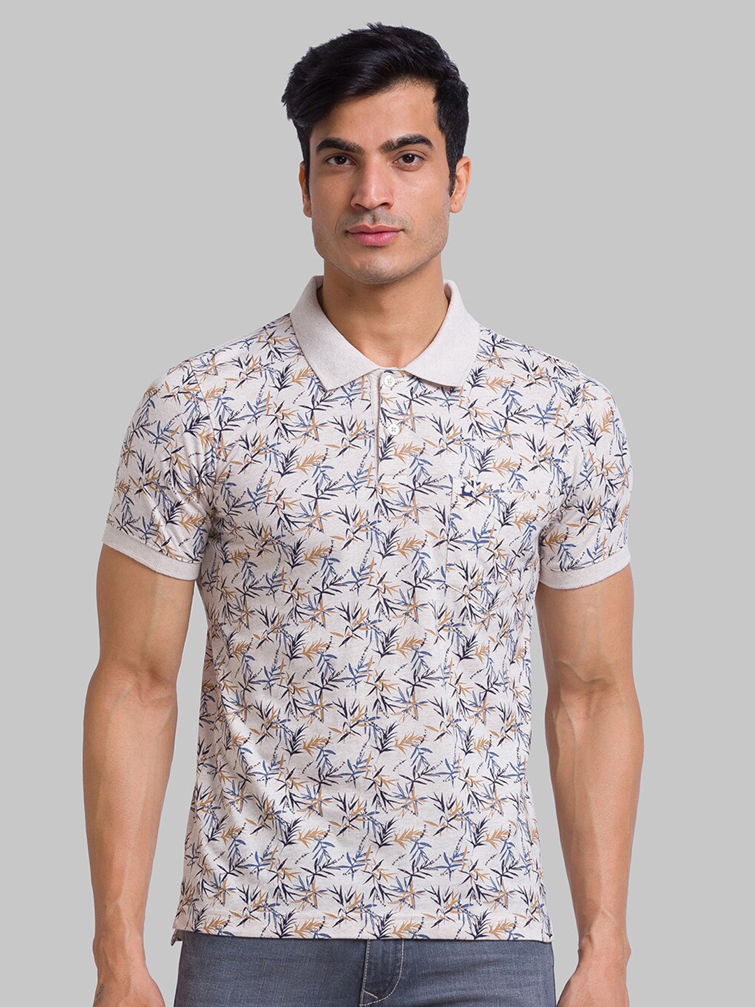 

Parx Men Beige Floral Printed Polo Collar T-shirt
