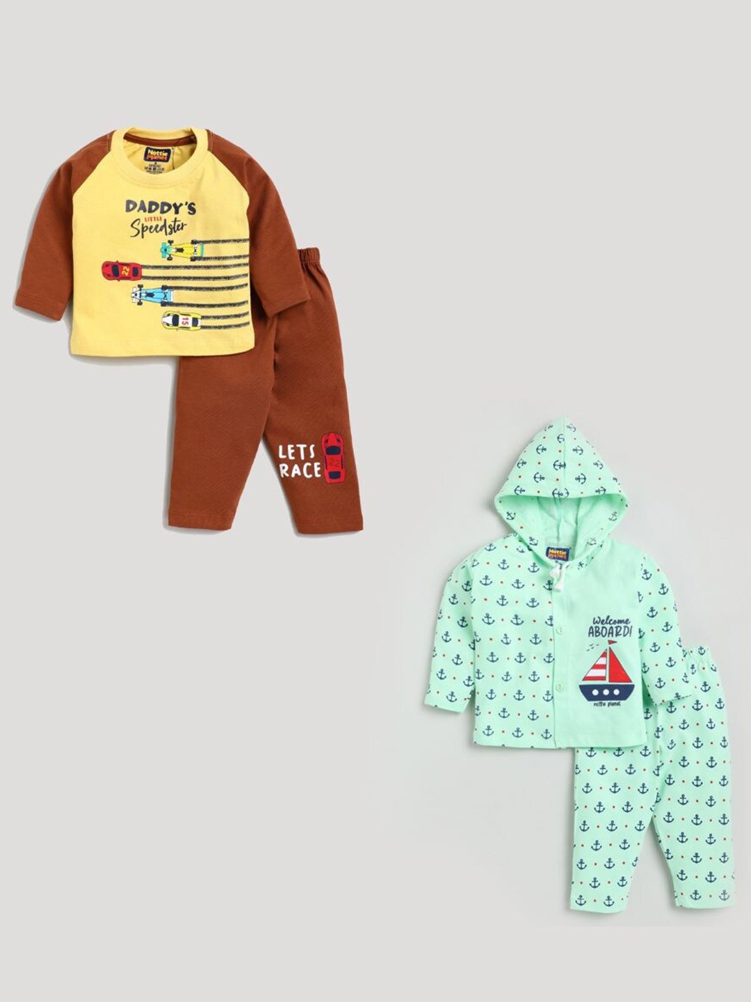 

Nottie Planet Unisex Kids Yellow & Rust Printed Pack Of 2 Pure Cotton T-shirt with Pyjamas