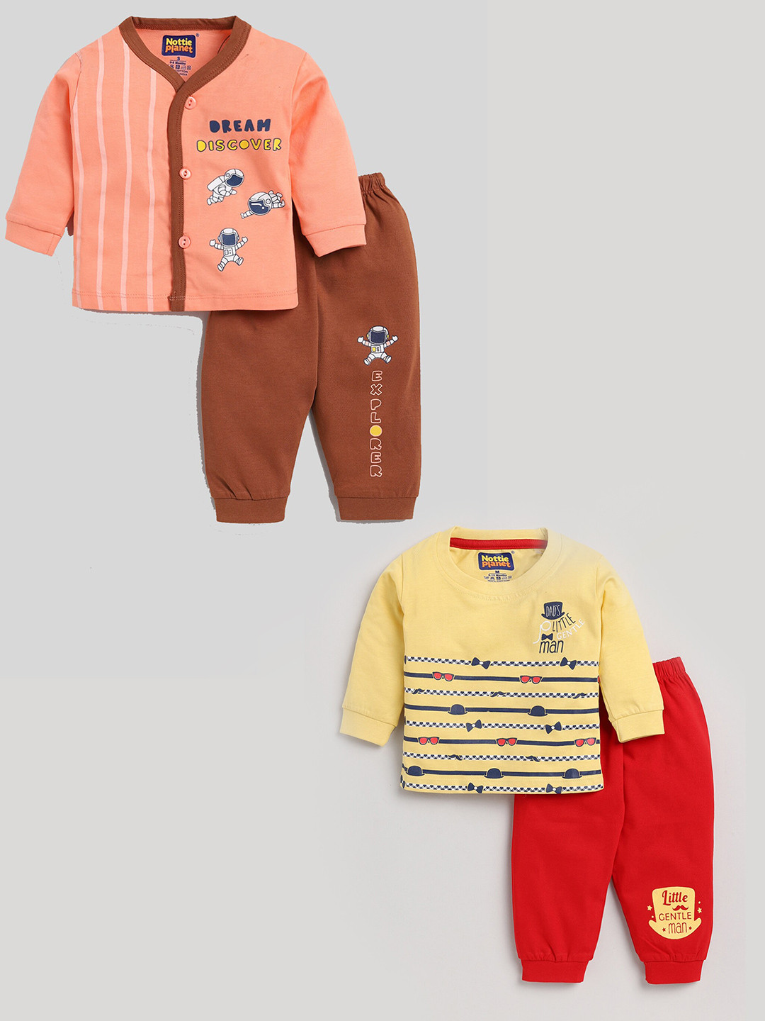 

Nottie Planet Unisex Kids Yellow & Red Printed Pack Of 2 Pure Cotton T-shirt with Pyjamas