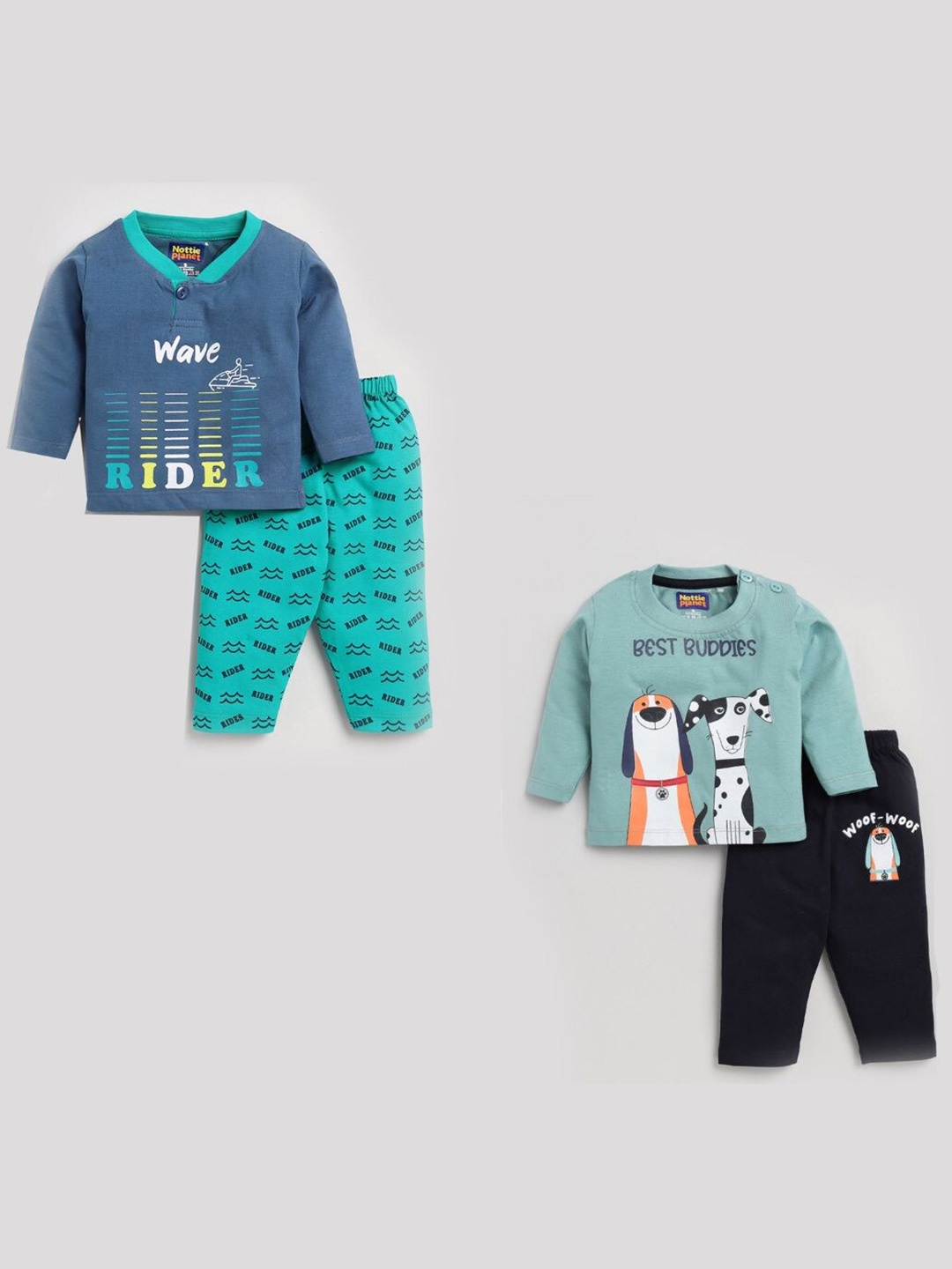 

Nottie Planet Unisex Kids Grey & Blue Printed Pack Of 2 Pure Cotton T-shirt with Pyjamas