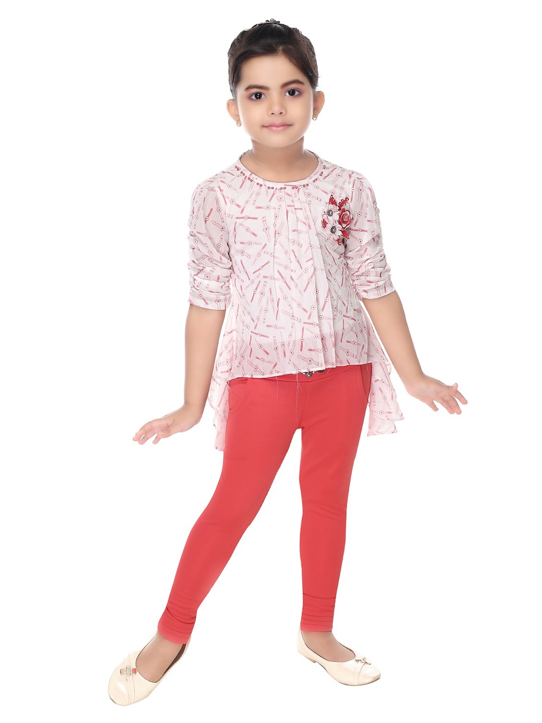 

Nottie Planet Girls White & Red Printed Top with Leggings