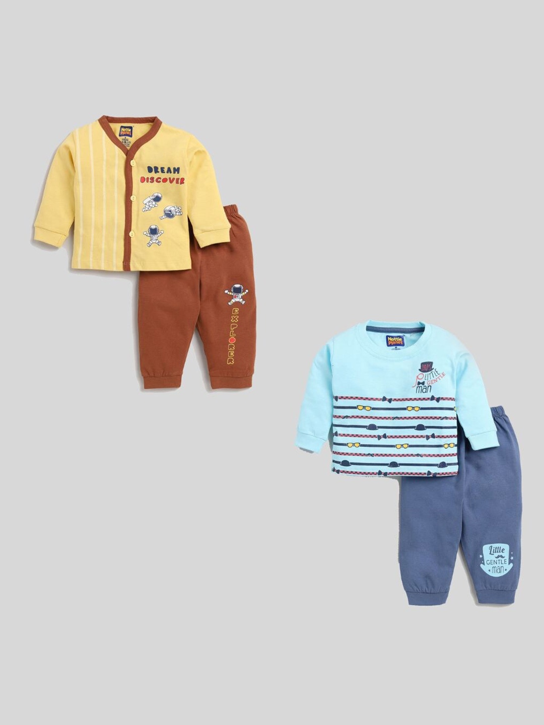 

Nottie Planet Unisex Kids Yellow & Rust Printed Pack Of 2 Pure Cotton T-shirt with Pyjamas