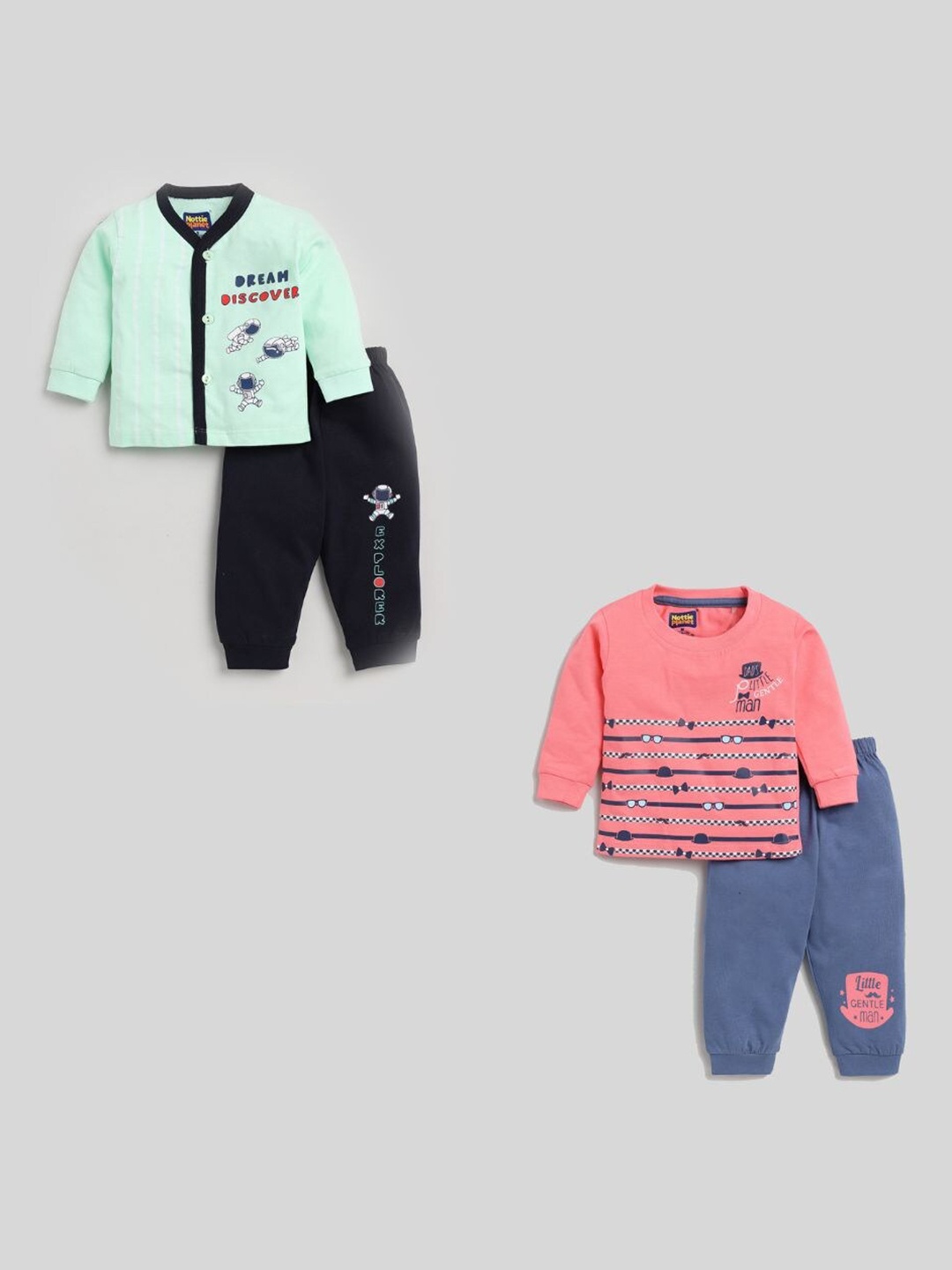 

Nottie Planet Kids Coral & Sea Green Pack Of 2 Pure Cotton T-shirt with Pyjamas