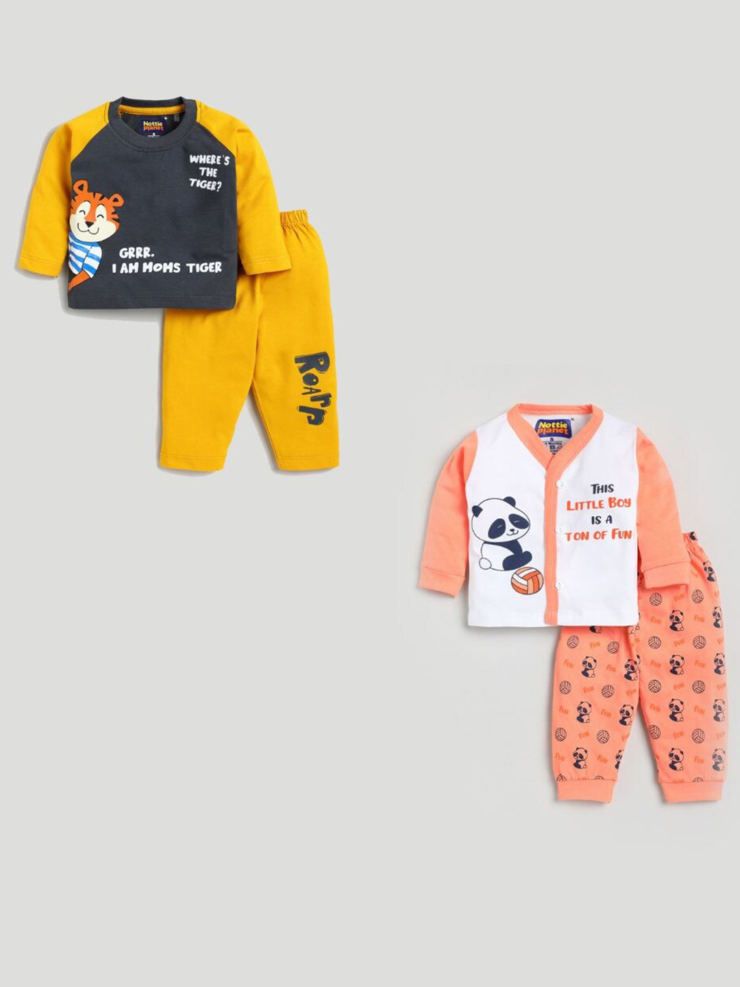 

Nottie Planet Kids Yellow & Grey Printed Pack Of 2 Pure Cotton T-shirt with Pyjamas