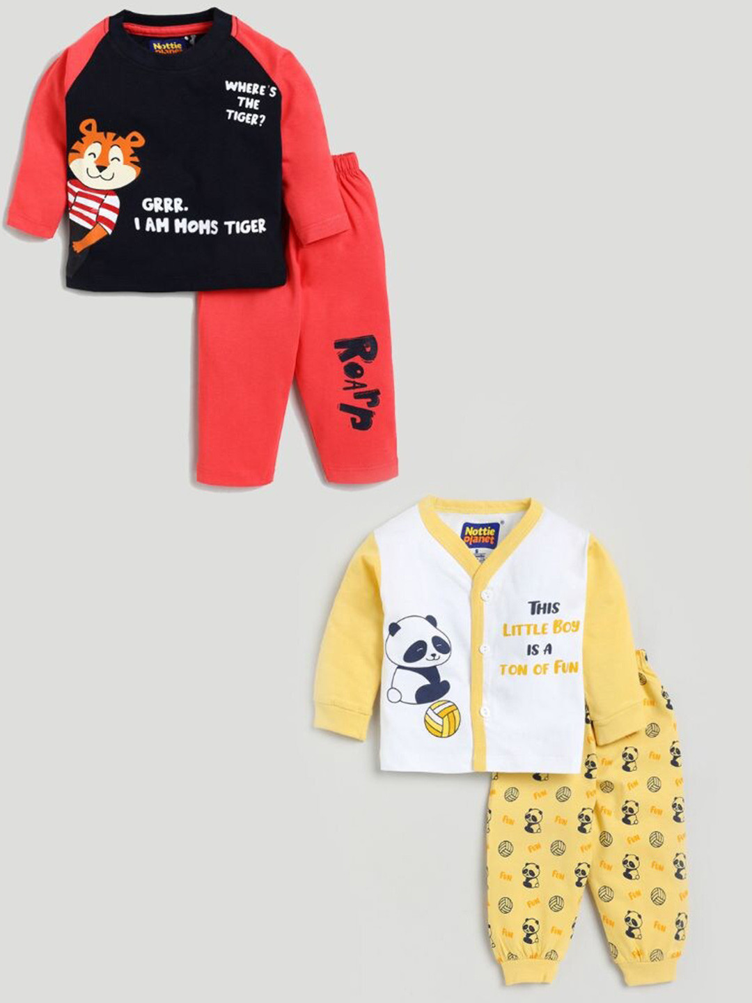 

Nottie Planet Unisex Kids Coral & Black Printed Pack Of 2 Pure Cotton T-shirt with Pyjamas